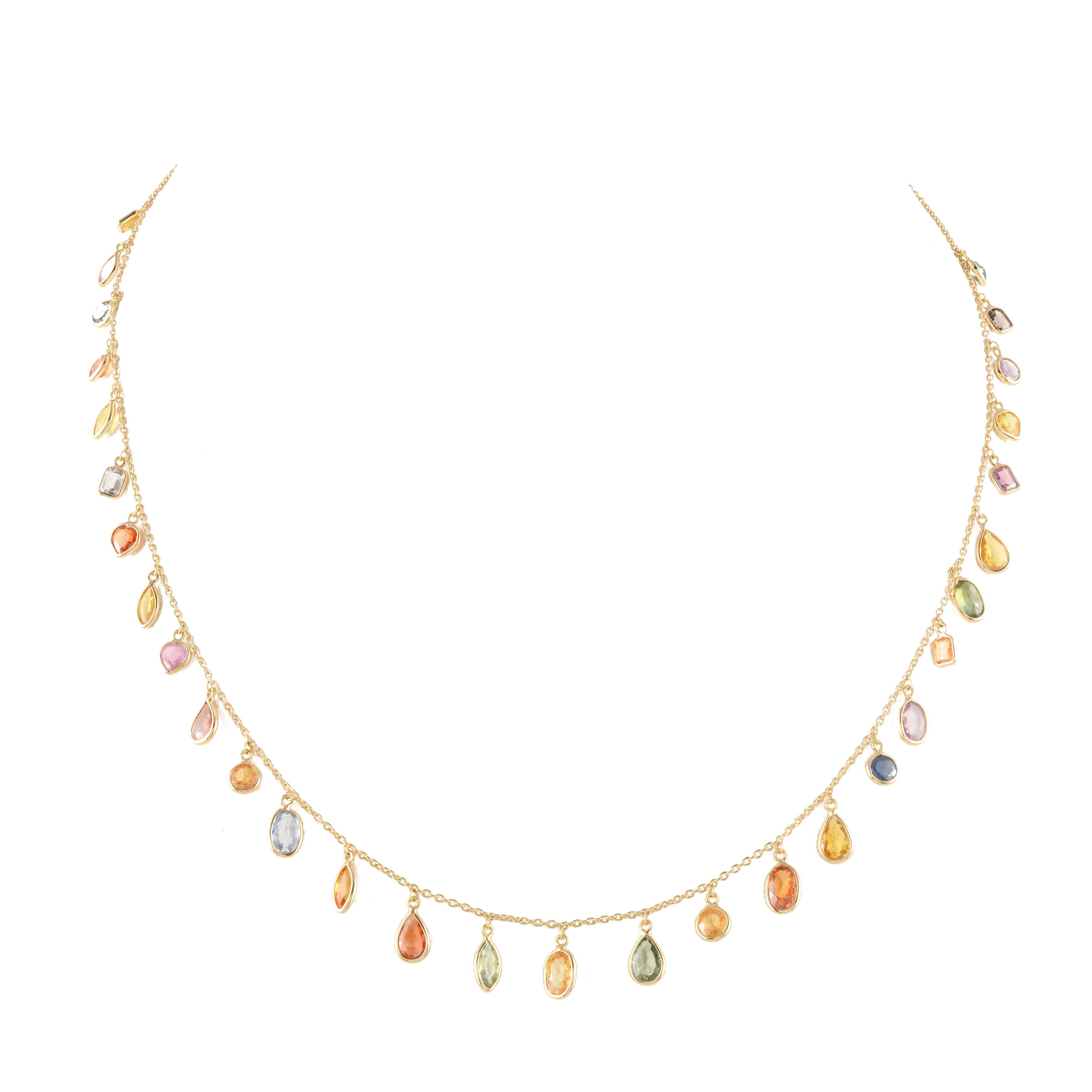 Colorful 18k Yellow Gold Dangling Multi Sapphire Chain Necklace, Bridesmaid Gift For Sale 4