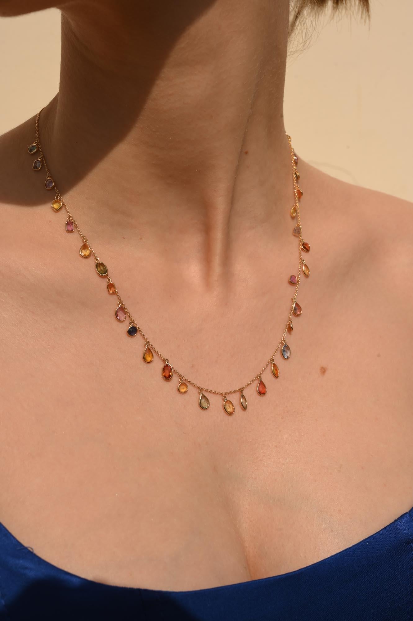 Modern Colorful 18k Yellow Gold Dangling Multi Sapphire Chain Necklace, Bridesmaid Gift For Sale