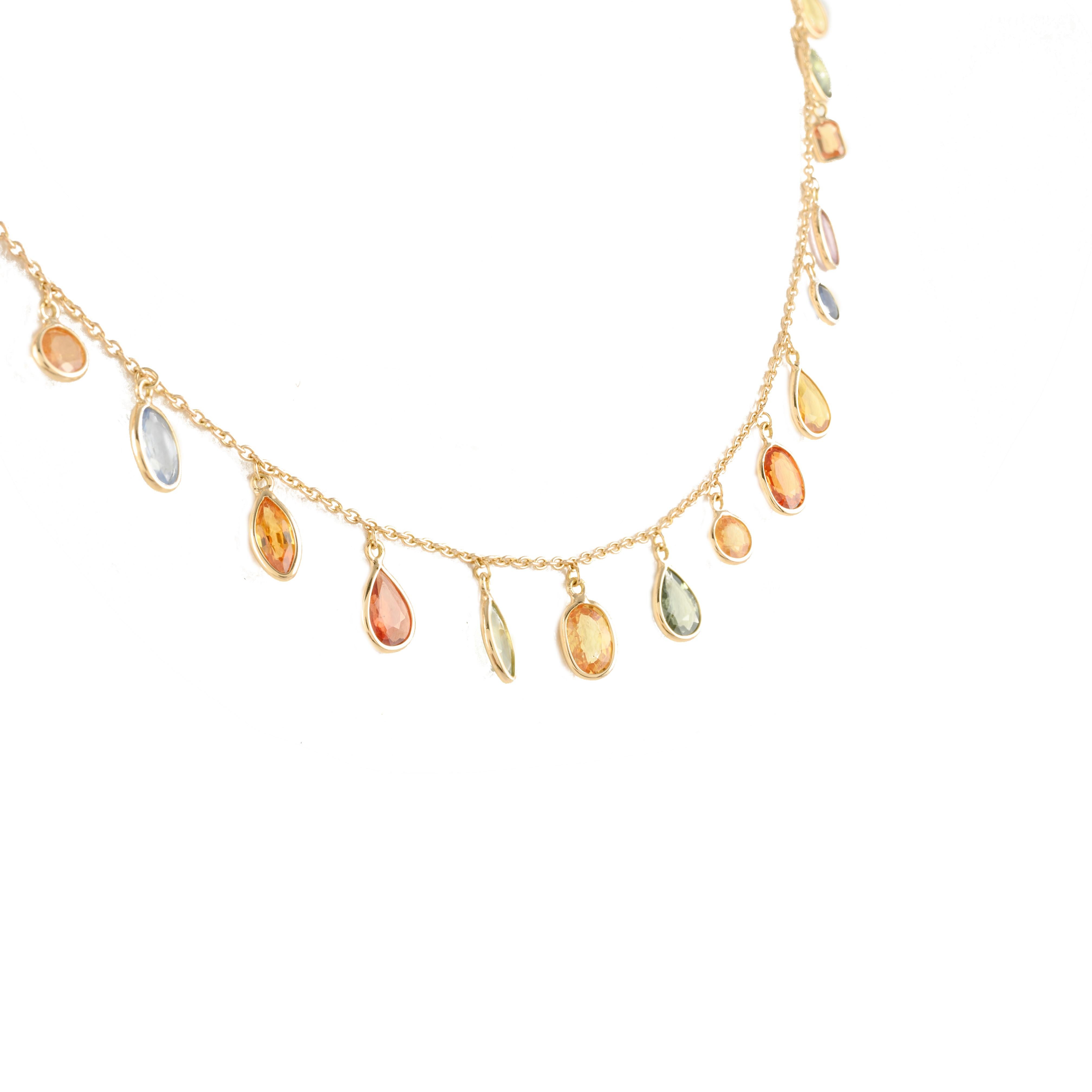 Mixed Cut Colorful 18k Yellow Gold Dangling Multi Sapphire Chain Necklace, Bridesmaid Gift For Sale