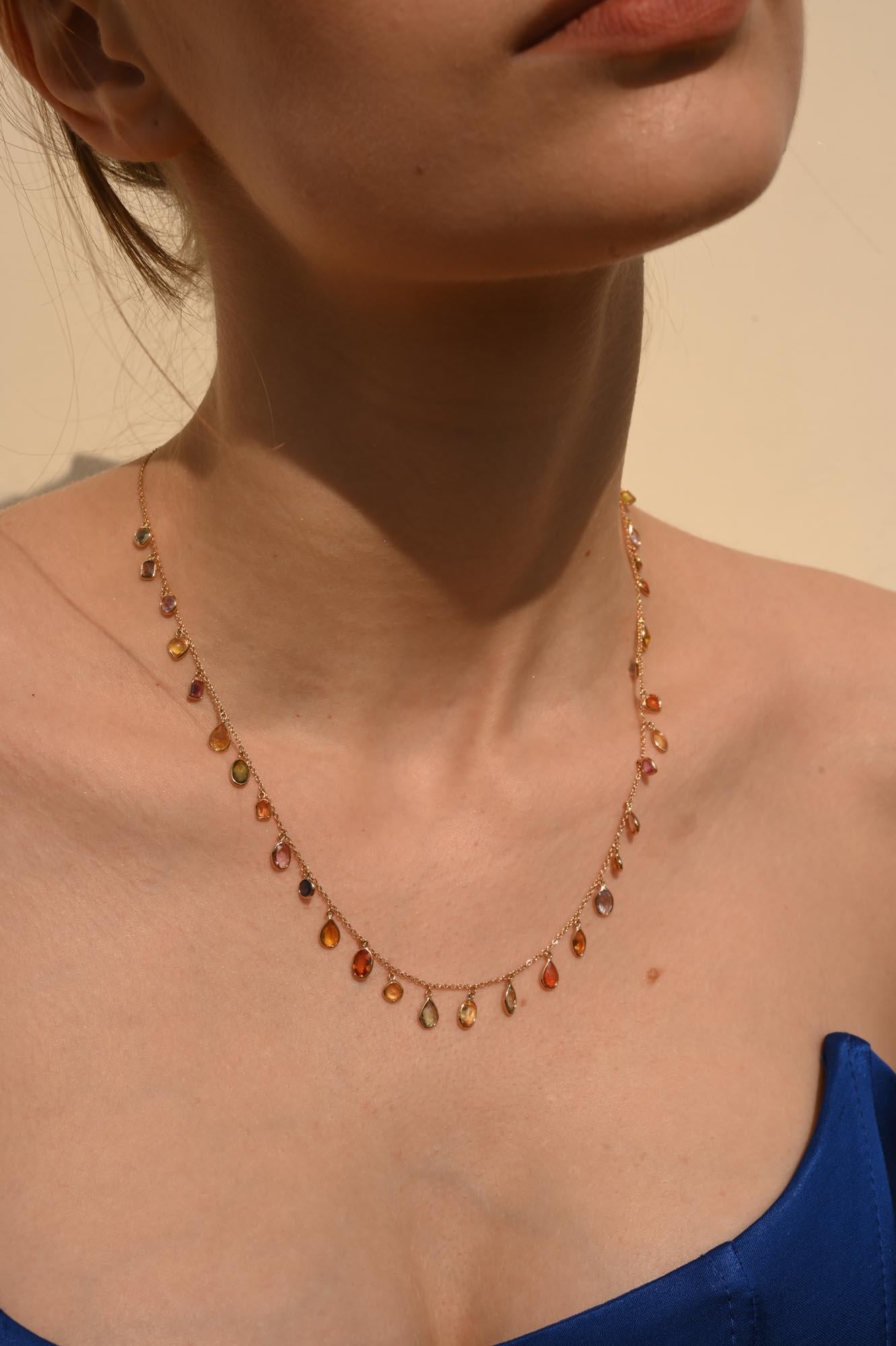 Colorful 18k Yellow Gold Dangling Multi Sapphire Chain Necklace, Bridesmaid Gift In New Condition For Sale In Houston, TX