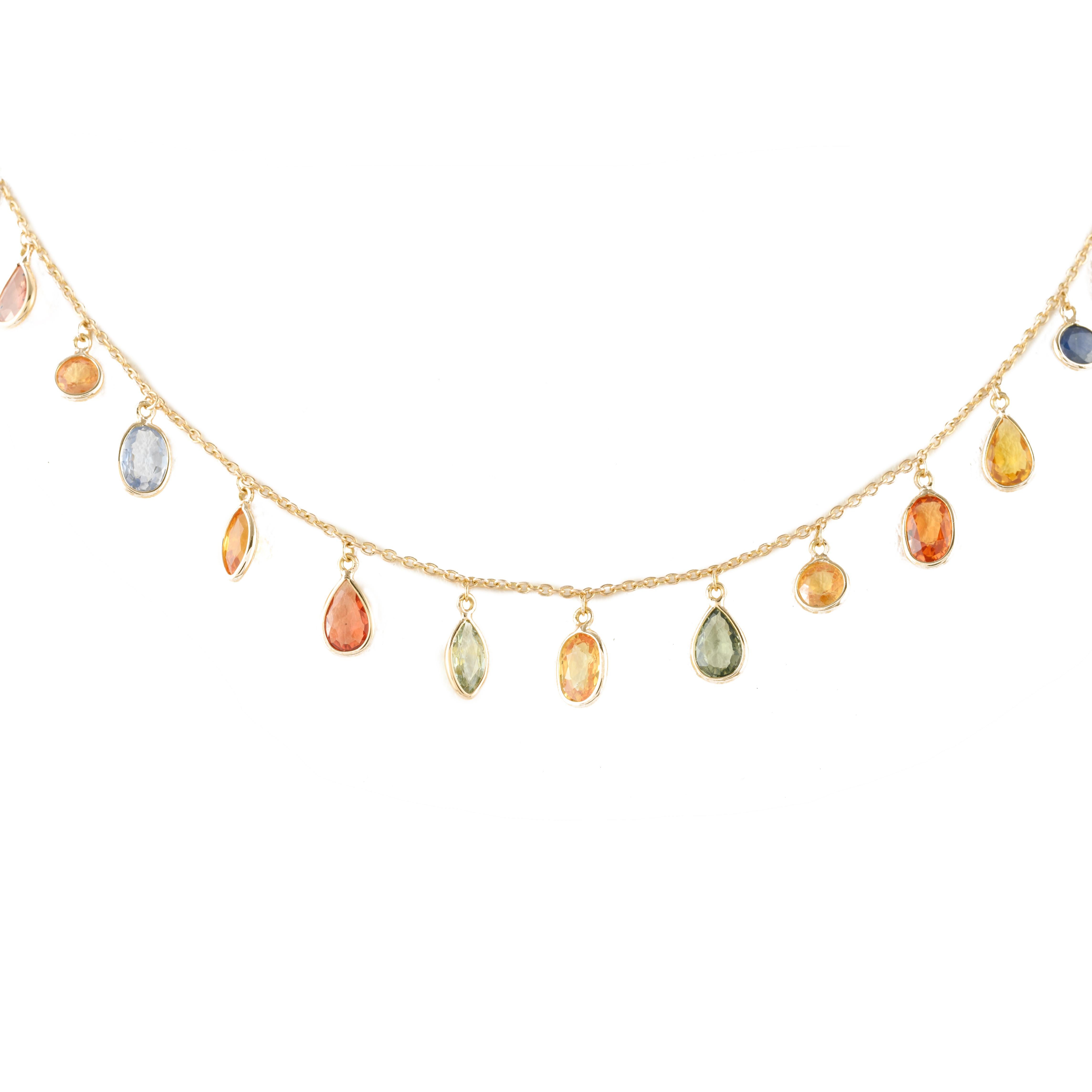 Colorful 18k Yellow Gold Dangling Multi Sapphire Chain Necklace, Bridesmaid Gift For Sale 2