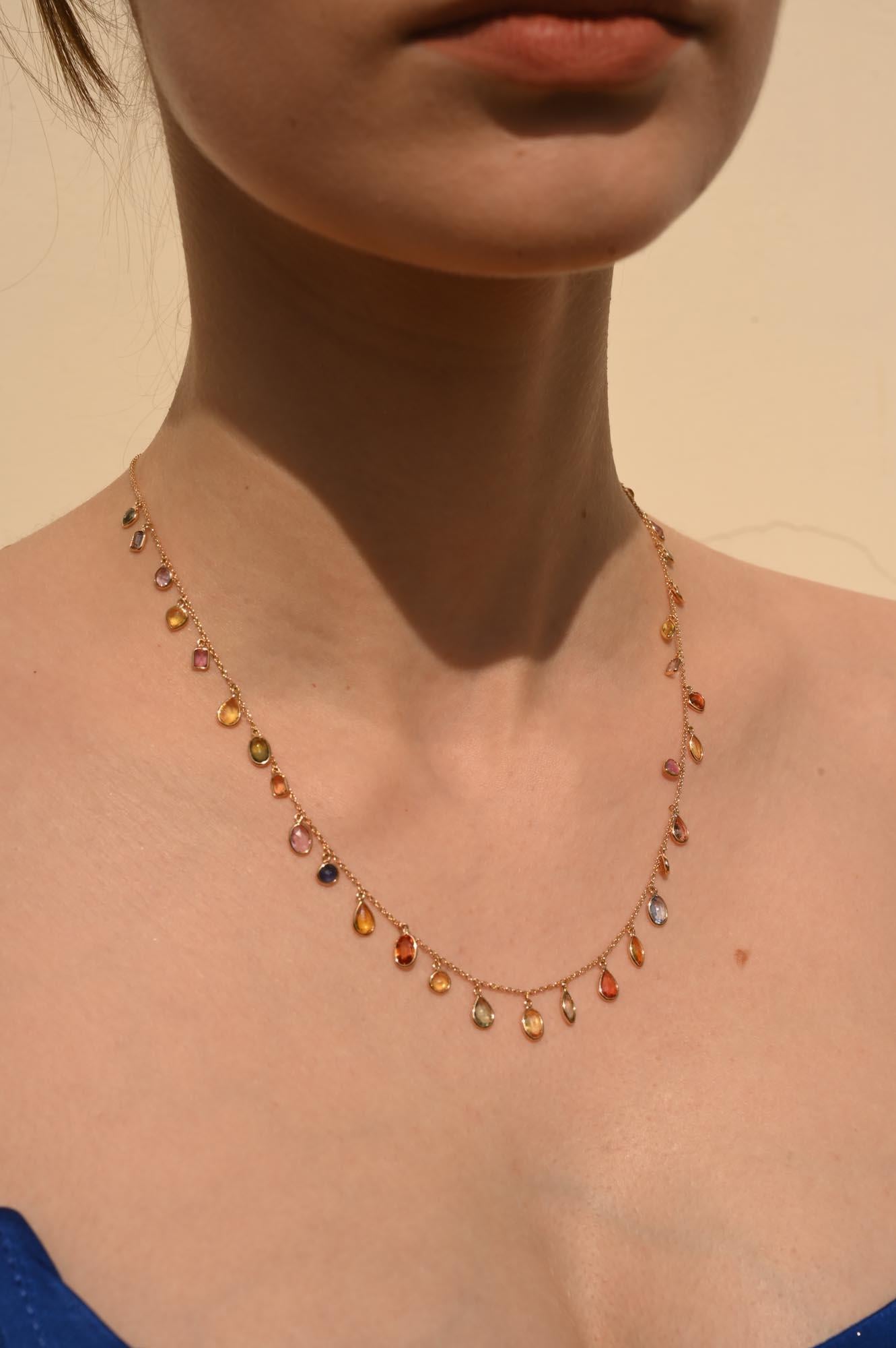 Colorful 18k Yellow Gold Dangling Multi Sapphire Chain Necklace, Bridesmaid Gift For Sale 3