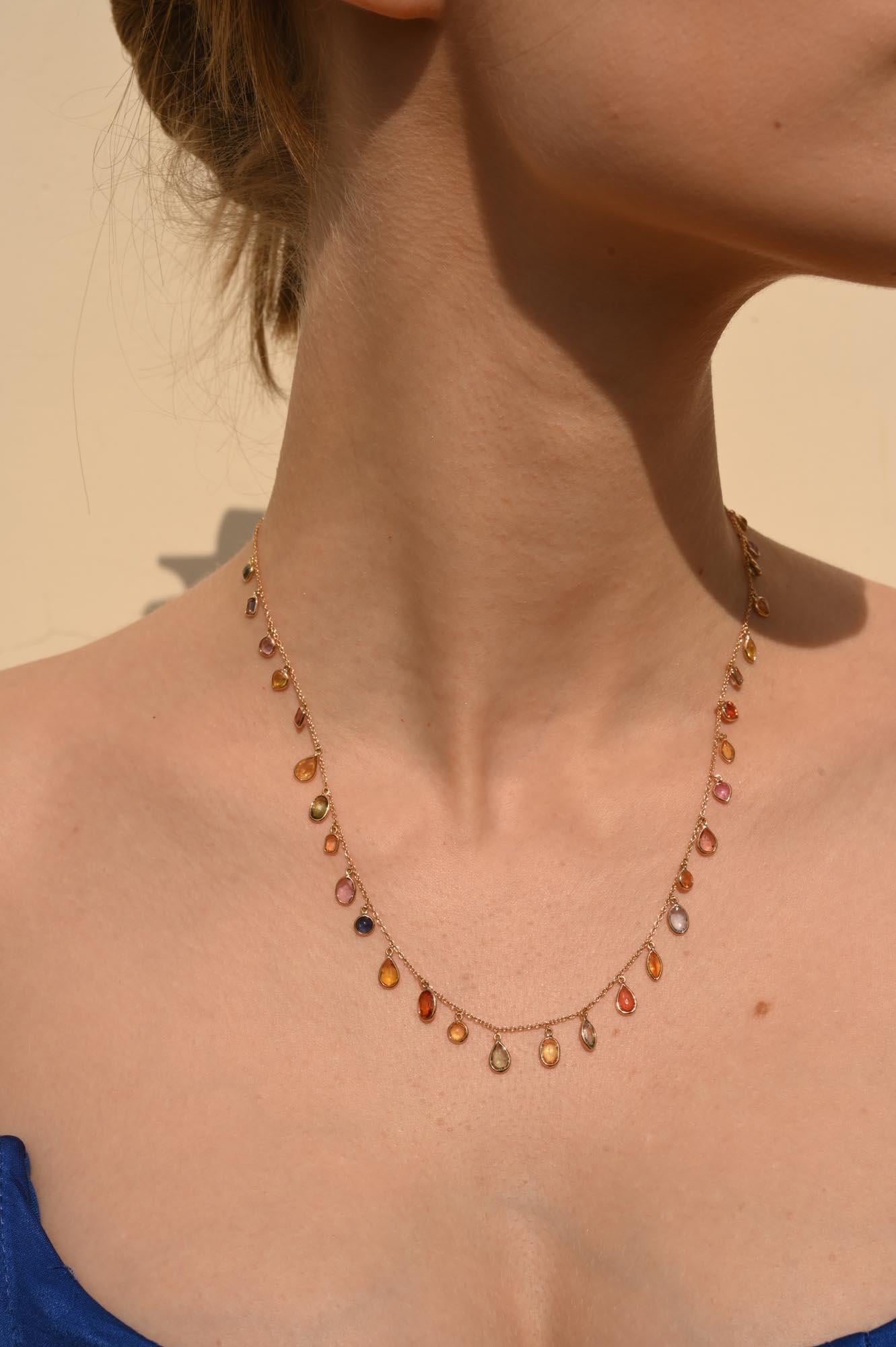 Colorful 18k Yellow Gold Dangling Multi Sapphire Chain Necklace, Bridesmaid Gift For Sale 5