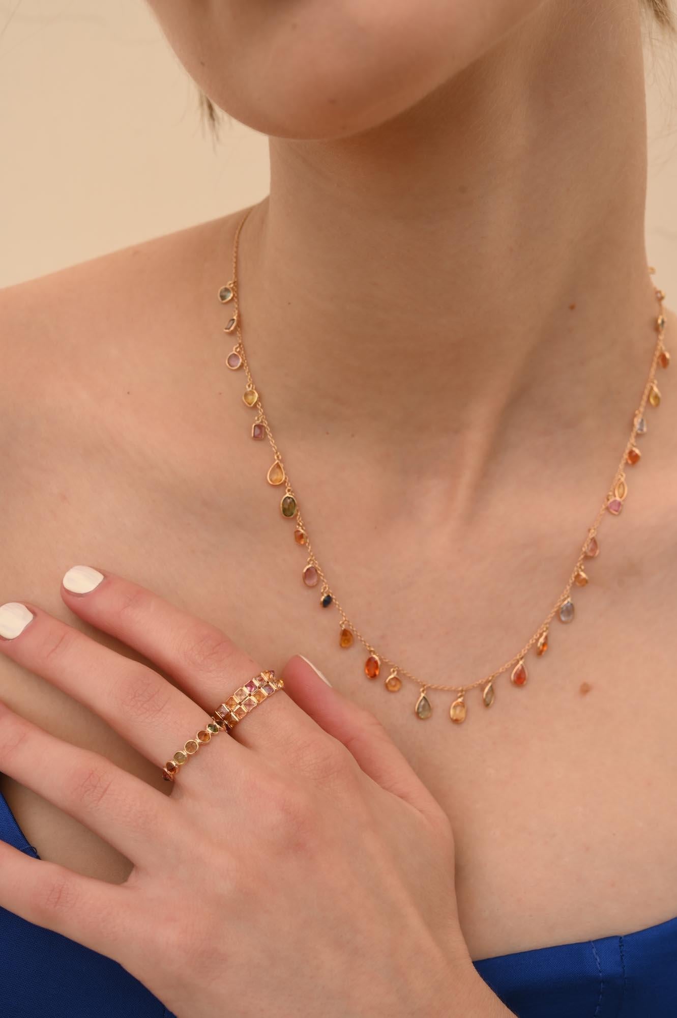 Colorful 18k Yellow Gold Dangling Multi Sapphire Chain Necklace, Bridesmaid Gift For Sale 7