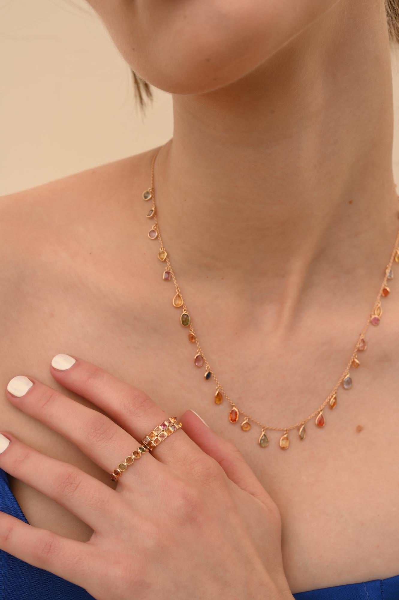 Colorful 18k Yellow Gold Dangling Multi Sapphire Chain Necklace, Bridesmaid Gift For Sale 8