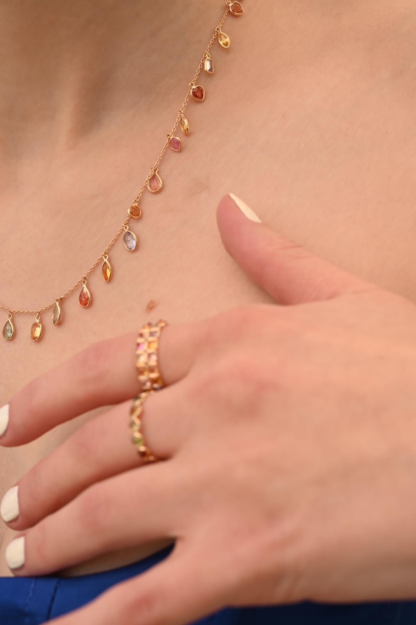 Colorful 18k Yellow Gold Dangling Multi Sapphire Chain Necklace, Bridesmaid Gift For Sale 9