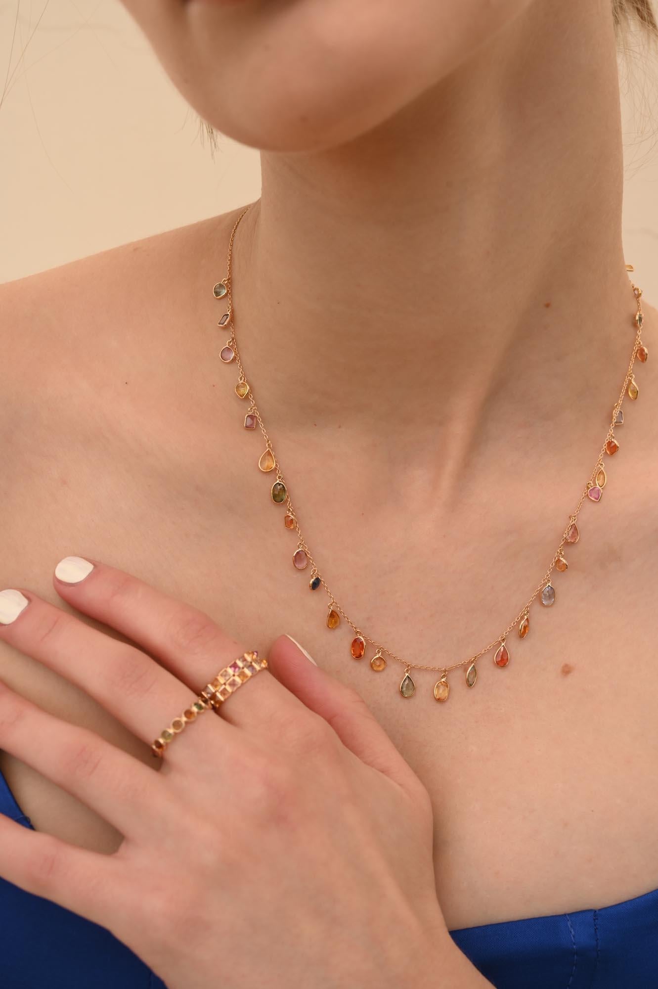 Colorful 18k Yellow Gold Dangling Multi Sapphire Chain Necklace, Bridesmaid Gift For Sale 11