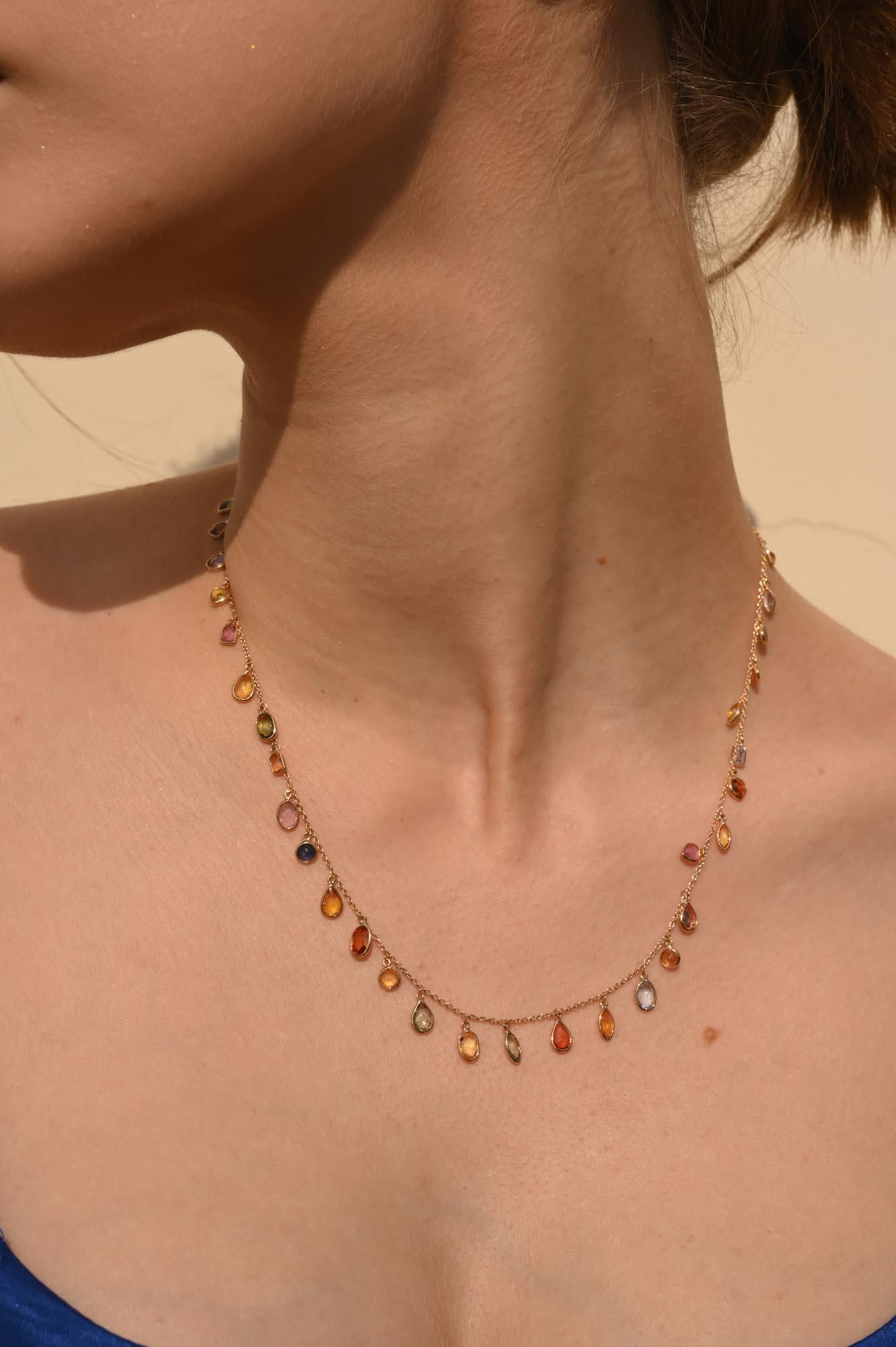 Colorful 18k Yellow Gold Dangling Multi Sapphire Chain Necklace, Bridesmaid Gift For Sale 1