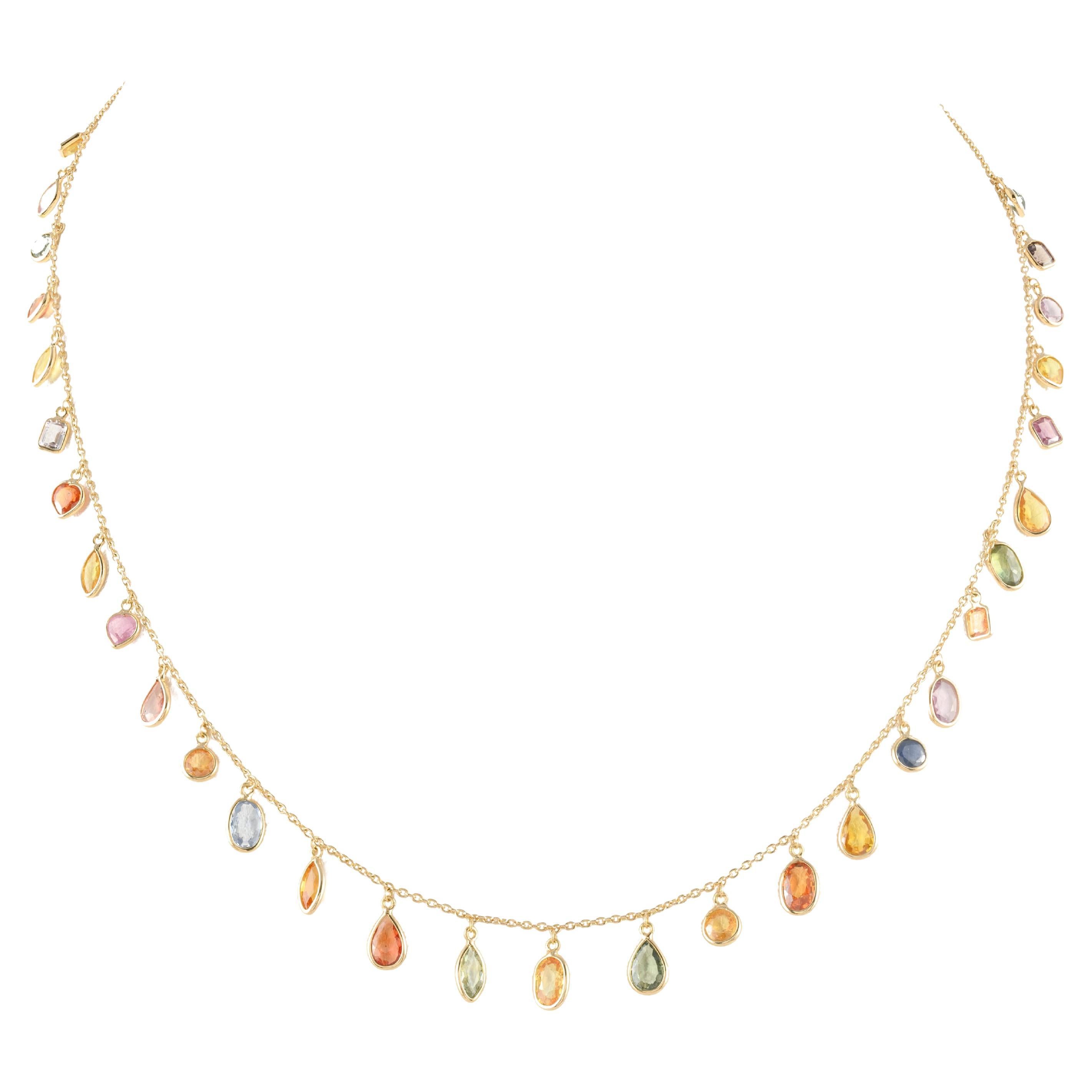 Colorful 18k Yellow Gold Dangling Multi Sapphire Chain Necklace, Bridesmaid Gift