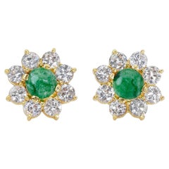Colorful 18k Yellow Gold Stud Halo Earrings w/ 1.7ct Natural Jade and Diamonds