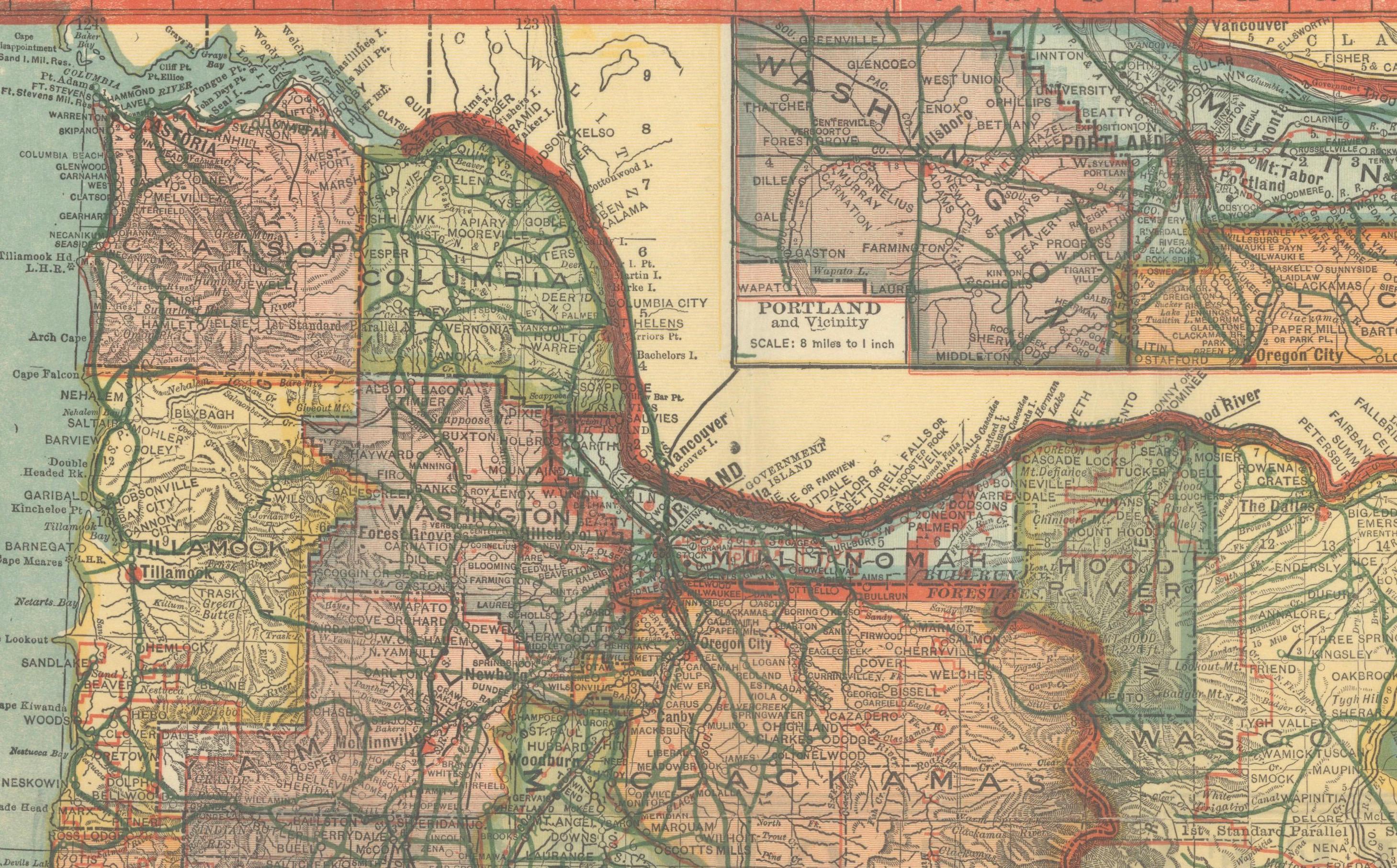 Bunte 1915 Straßenkarte von Oregon mit Portland Inset & Index - Geographical Pub. (Frühes 20. Jahrhundert) im Angebot