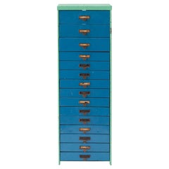 Colorful 1940s Industrial Metal Slide Cabinet
