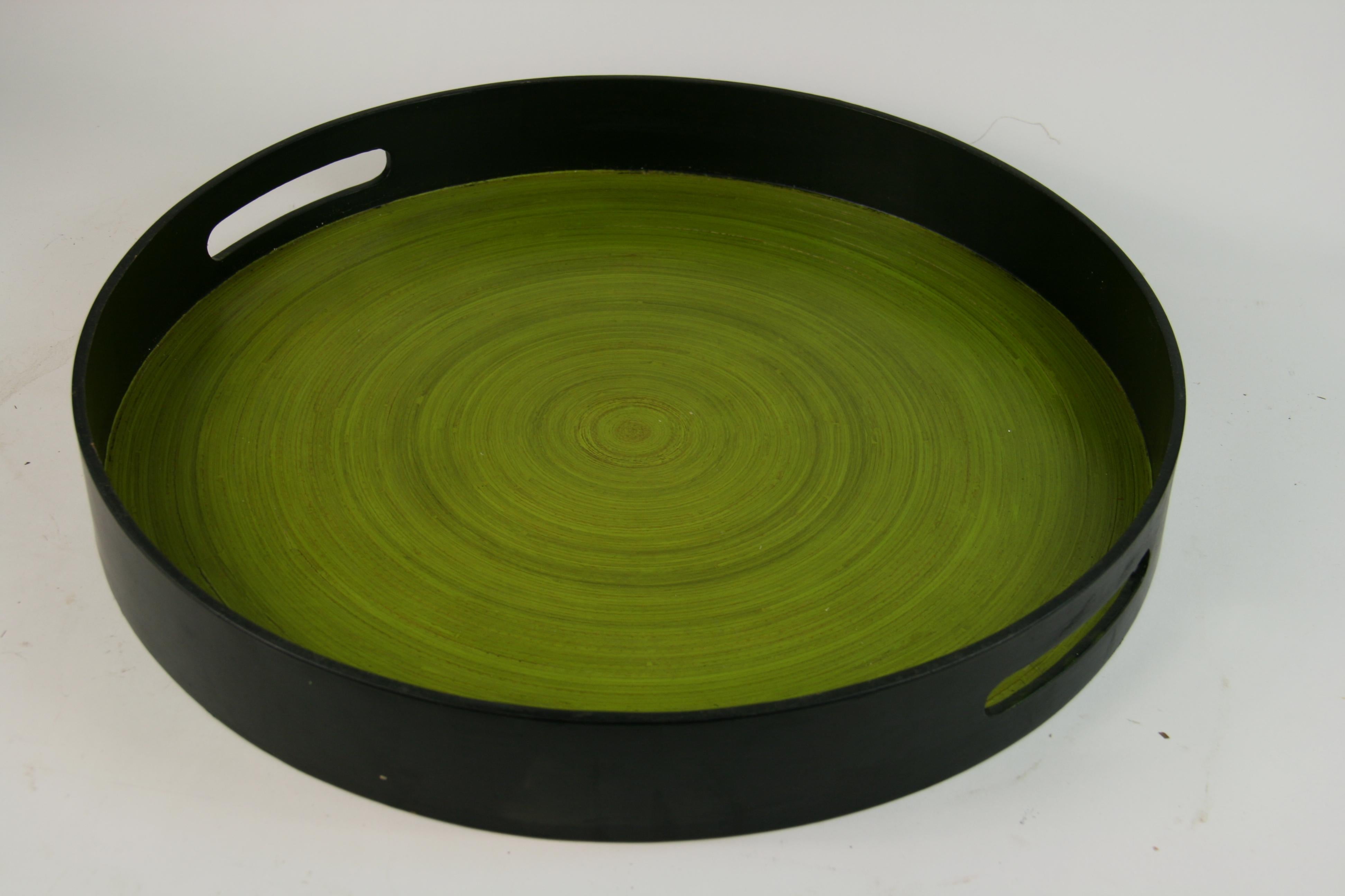 2-311 Italian wood serving tray with black border and spiral center details.