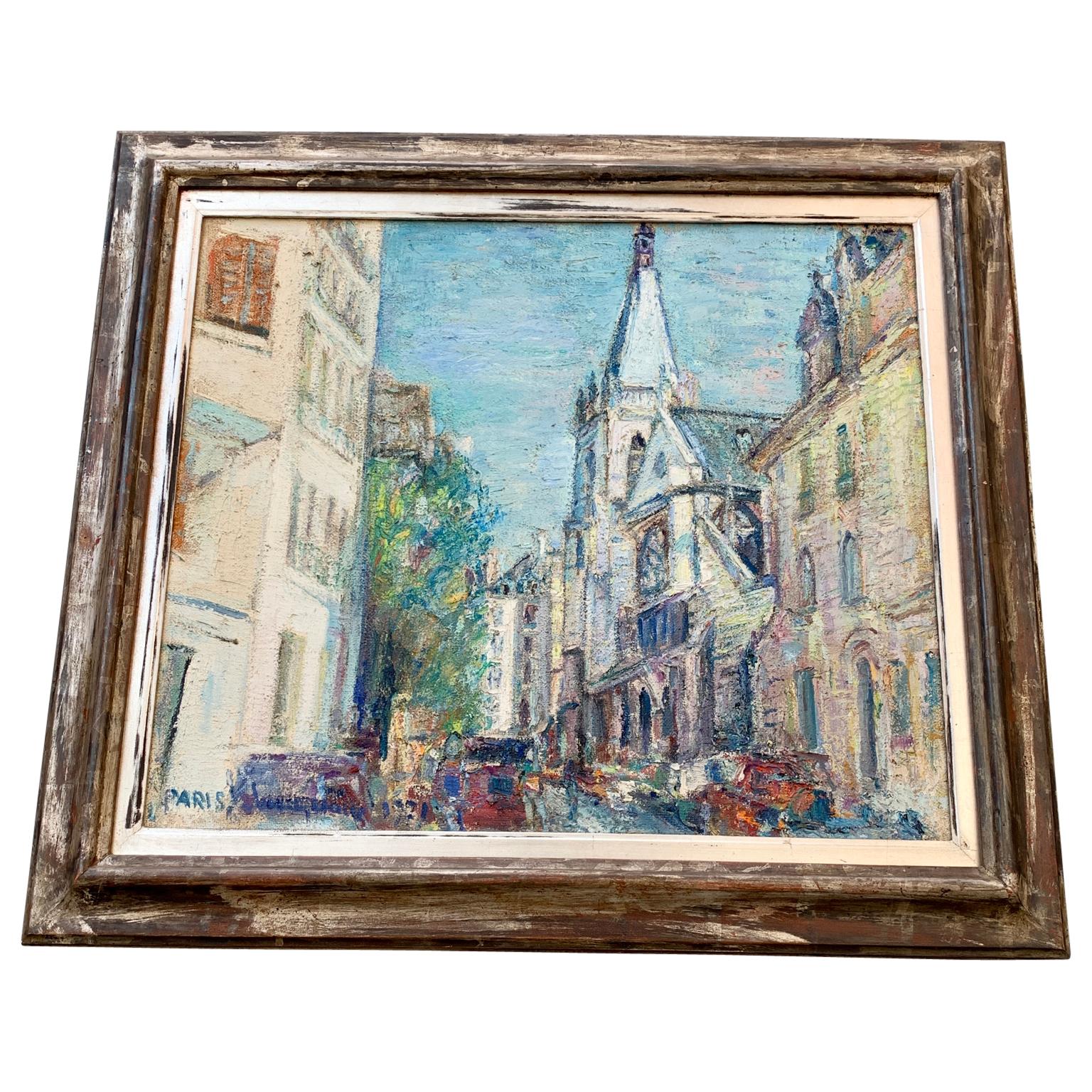 Oil painting on canvas in its original frame representing a Parisian quarter with a church on the background. Painted by the Italian artist Professor Piero Solavaggione (Carmagnola (TO) 1899-1979) who studied at the 