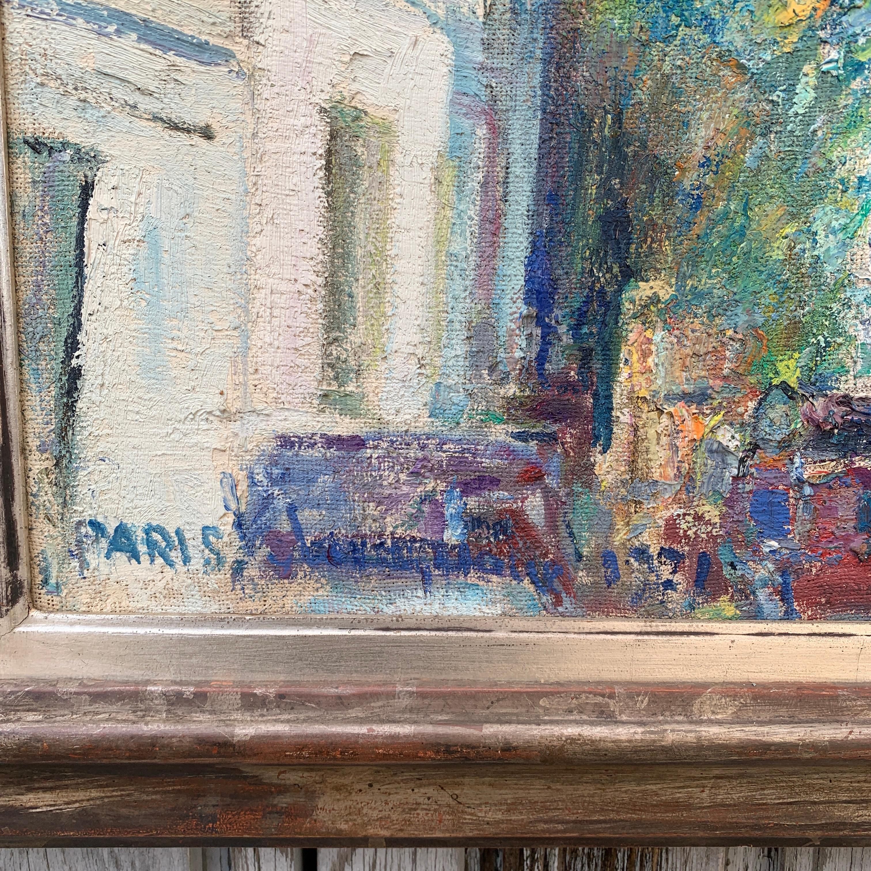 Canvas Colorful 20th Century Oil Painting of Paris by Italian Artist Piero Solavaggione For Sale