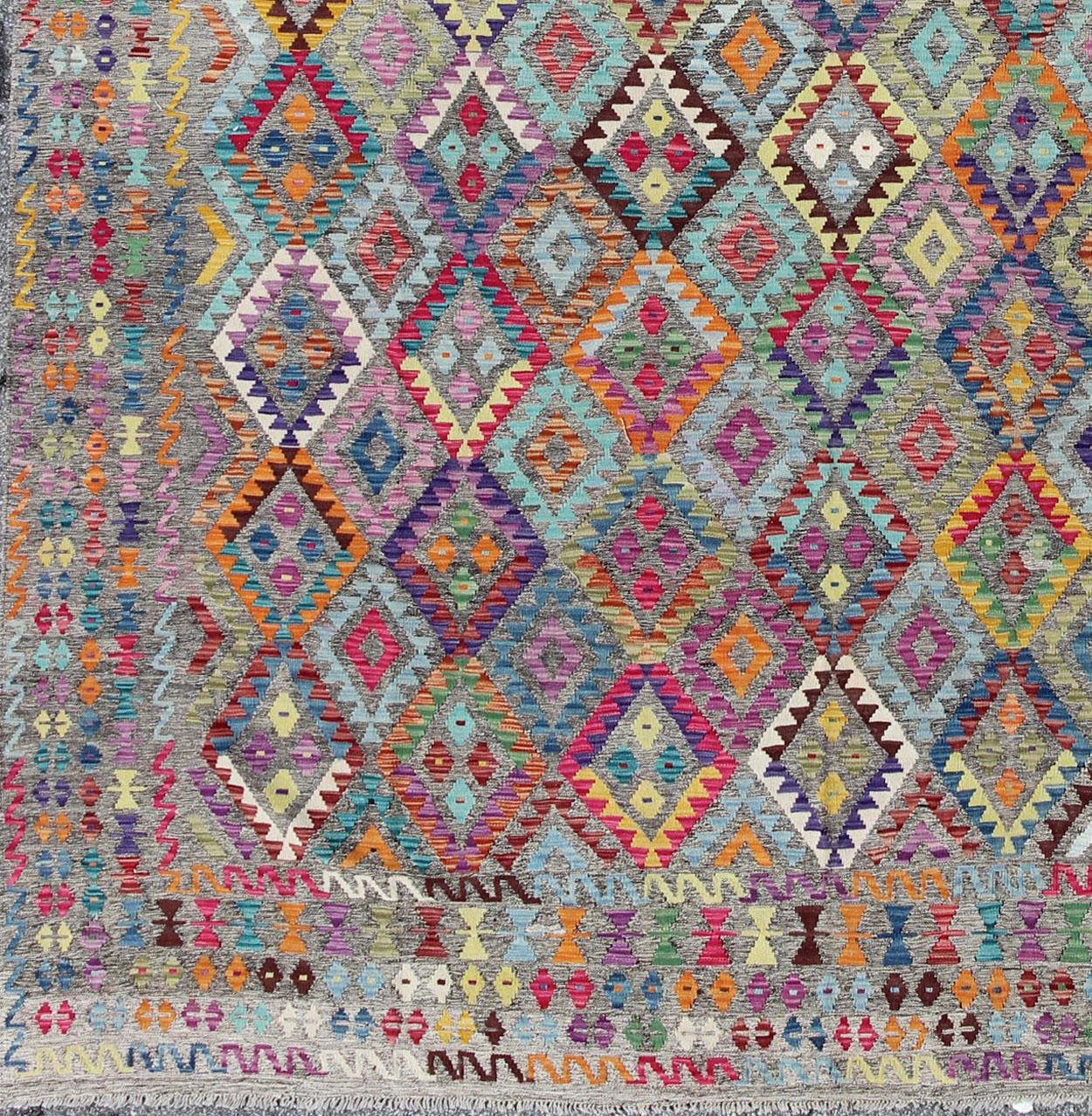Hand-Woven Colorful 21st Century Afghan Kilim Flat Weave Rug in Diamond Design