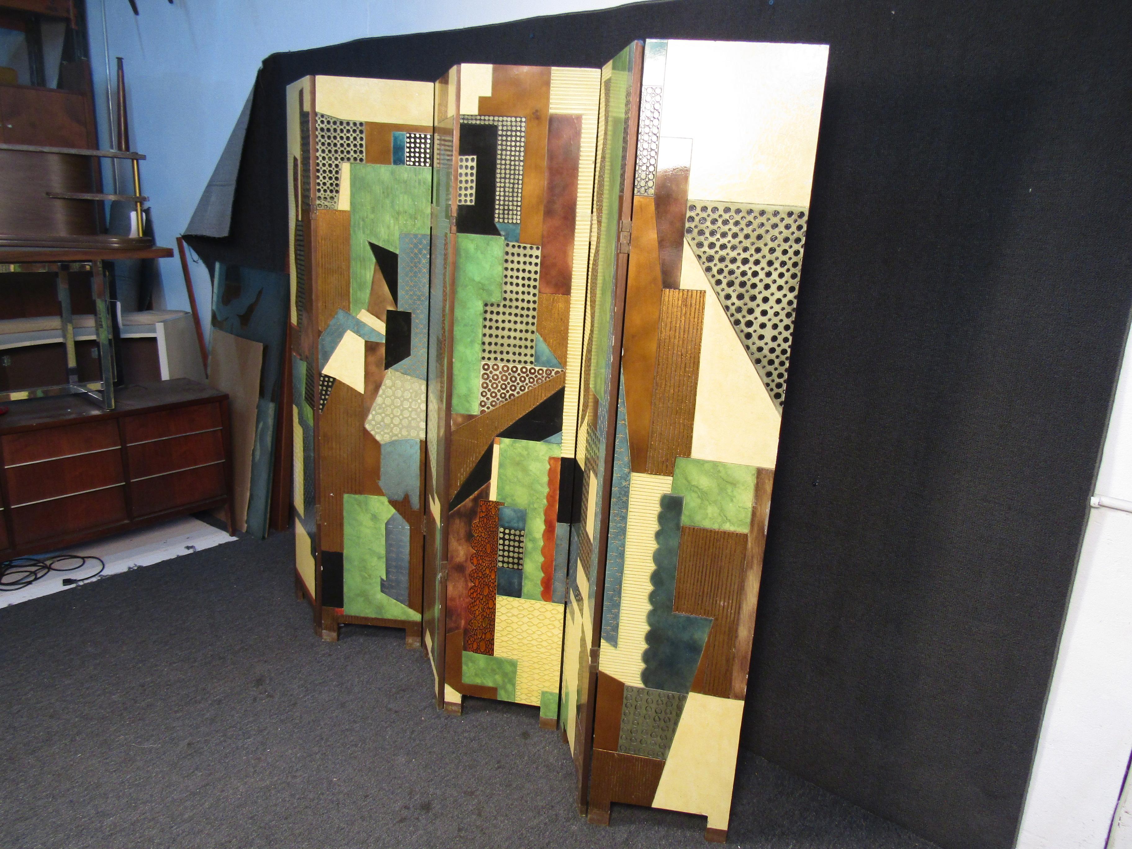A colorful vintage room divider with a beautifully textured surface, decorated in a Mid-Century or Art Deco style. Please confirm item location with seller (NY/NJ).