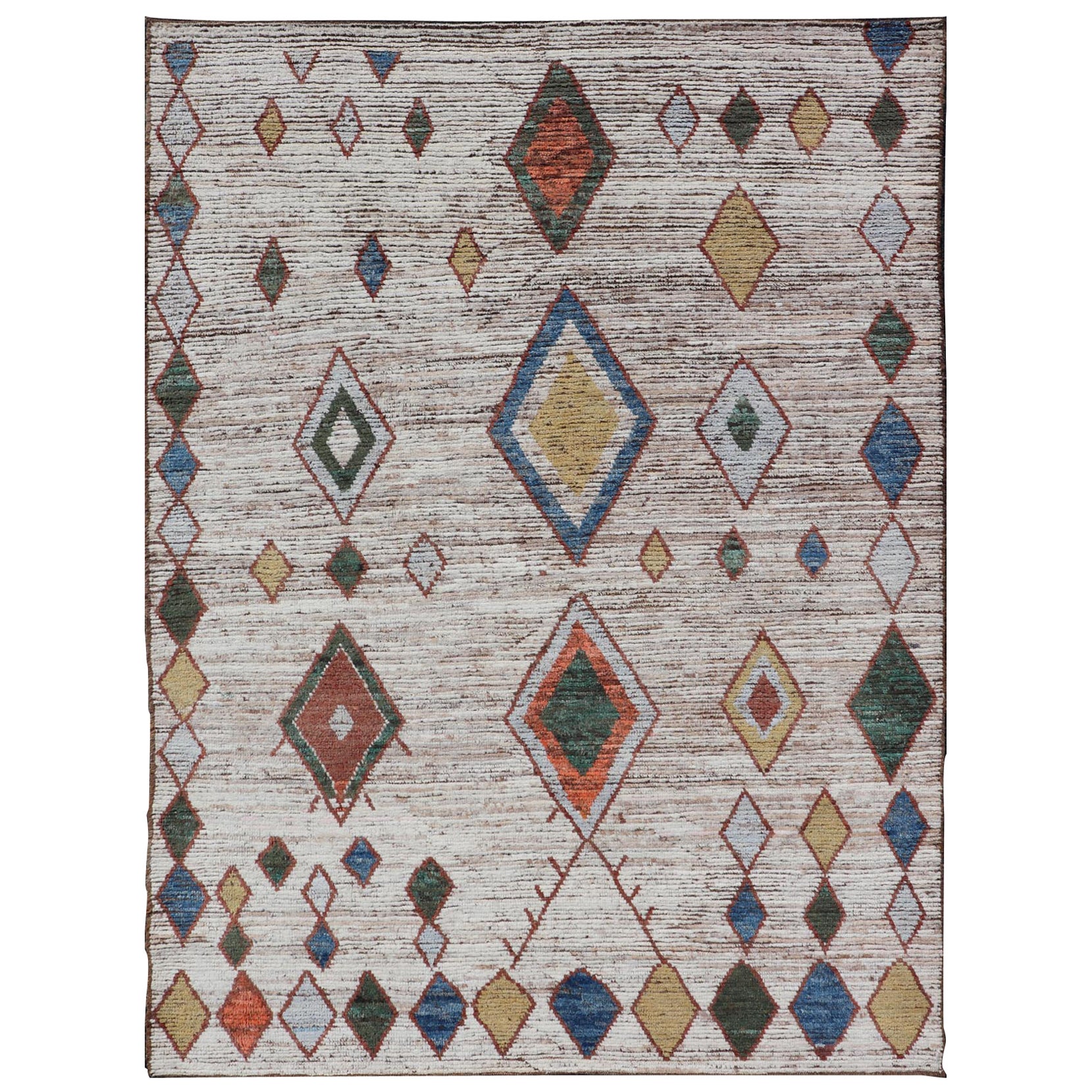 Tapis moderne abstrait et coloré en vert, orange, rouge et jaune doux