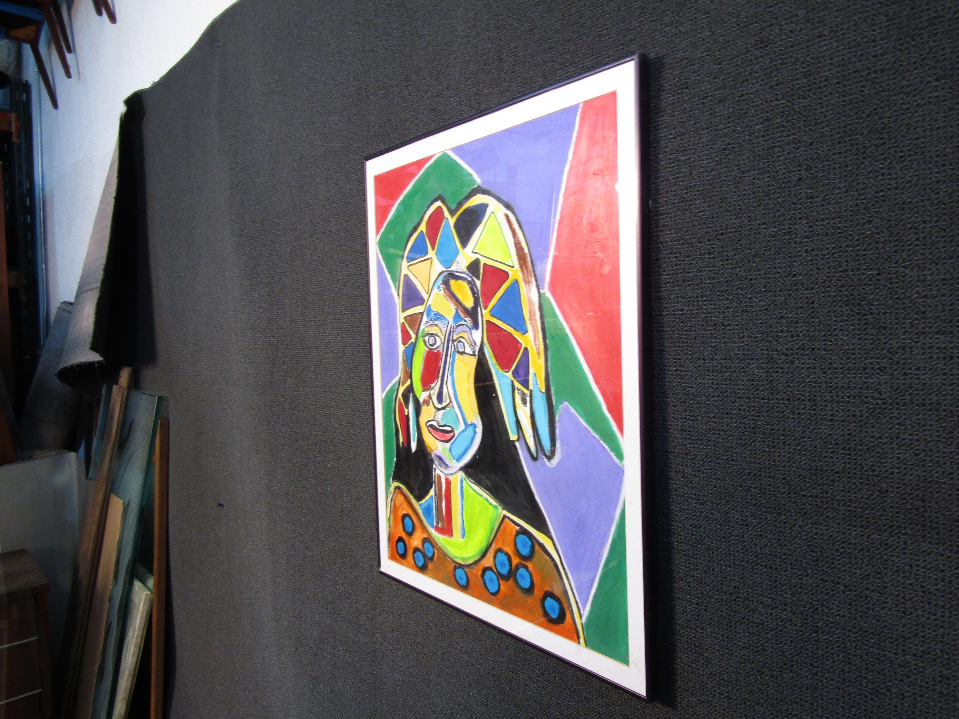 Questo quadro colorato raffigura un ritratto astratto in colori vivaci ed è incorniciato con una copertura in vetro. Conferma la posizione dell'oggetto con il venditore (NY/NJ).
