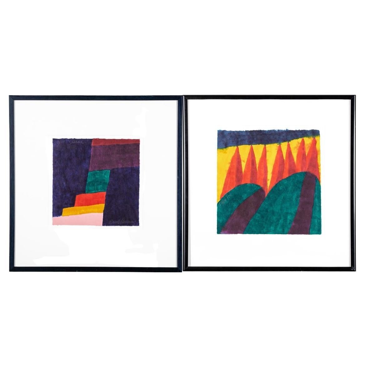 Colorful Abstract Pair By Carol Summers (Am., 1925-2016) On Hand- Made Paper