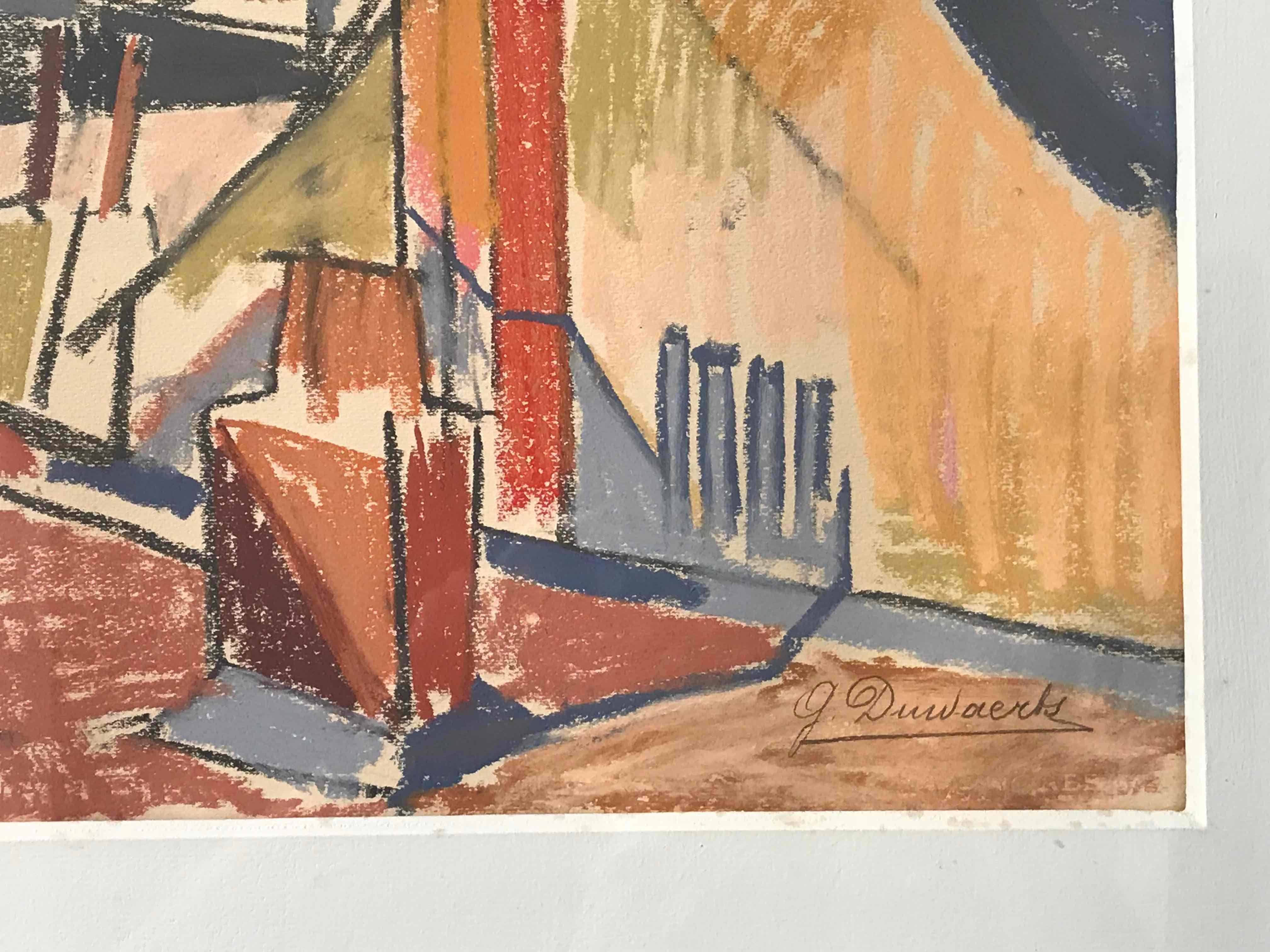 Proto-Cubist oil pastel drawing from turn-of-the-century Belgium. A happy and colorful piece that abstractly depicts the sun-drenched rooftops of a seaside port. 
Mounted in a lovely simple gilt frame, the piece adds a splash of color and warmth to