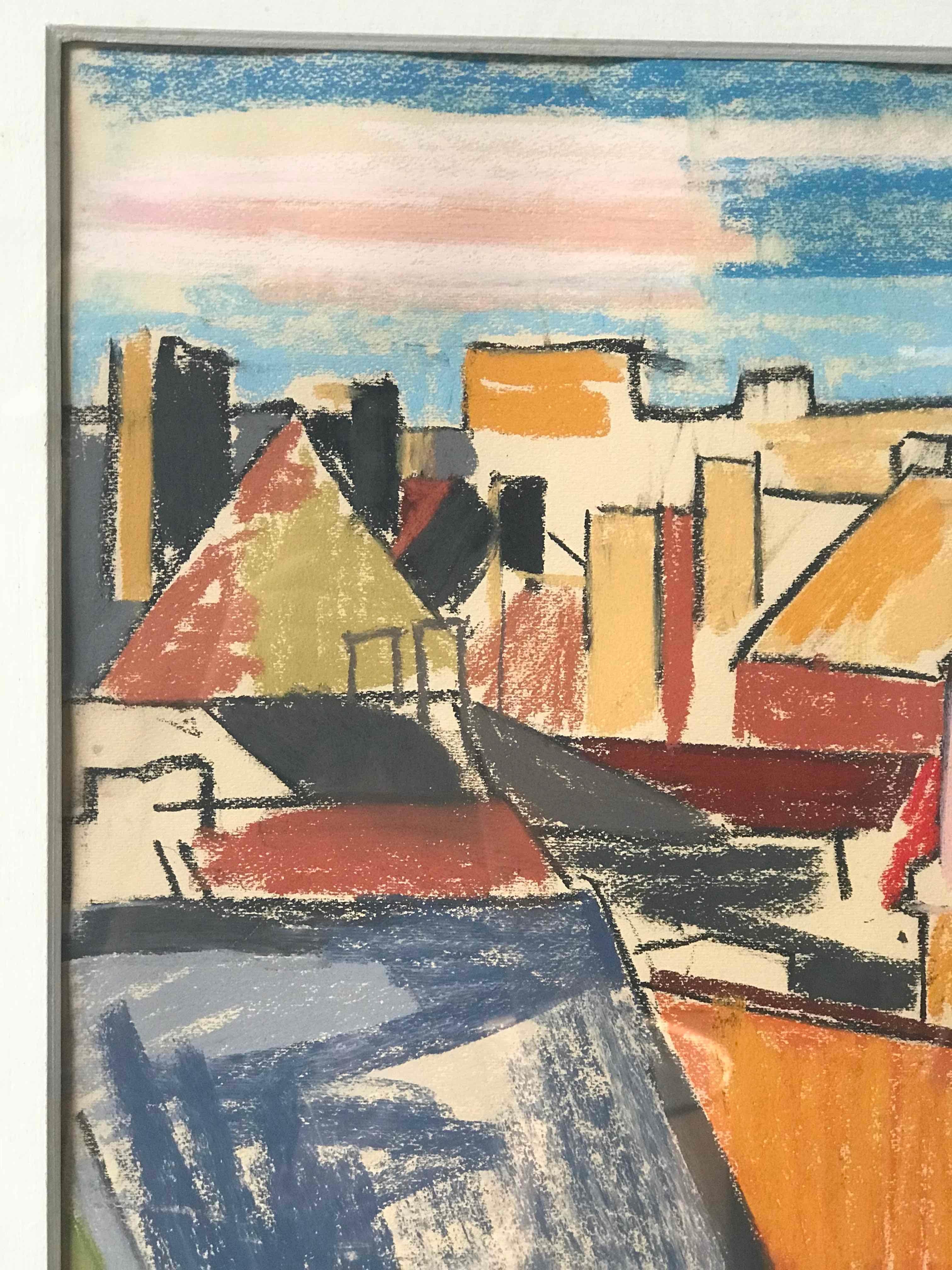 Colorful Abstract Seaside Cityscape Drawing from Belgium, circa 1898 In Good Condition For Sale In Los Angeles, CA