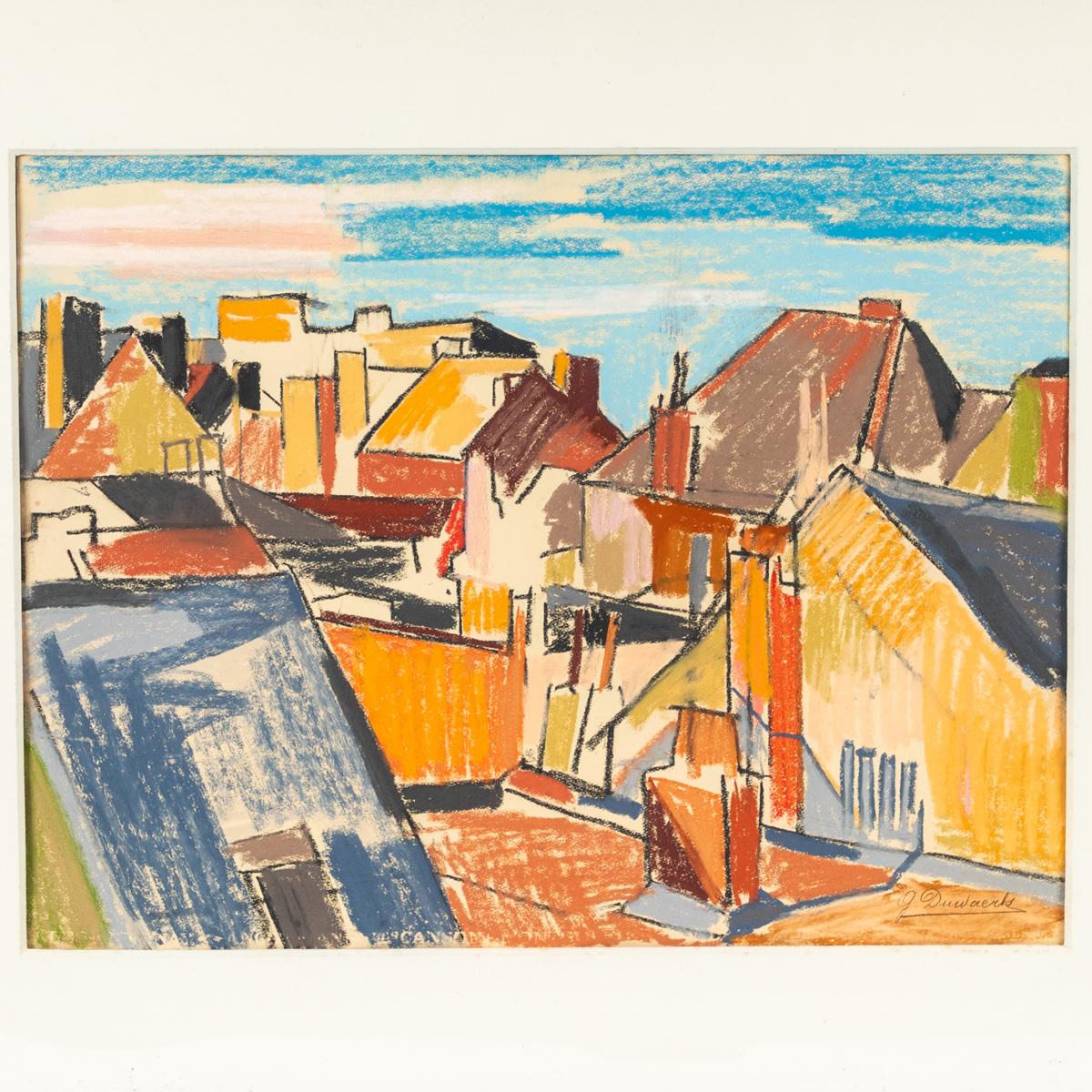 19th Century Colorful Abstract Seaside Cityscape Drawing from Belgium, circa 1898 For Sale