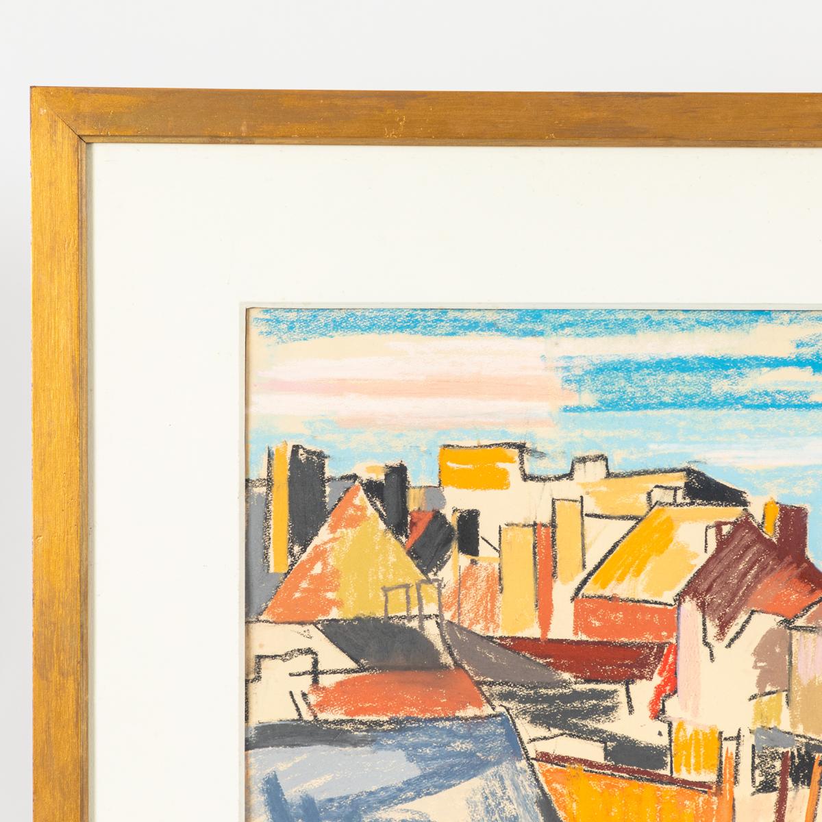 Paper Colorful Abstract Seaside Cityscape Drawing from Belgium, circa 1898 For Sale