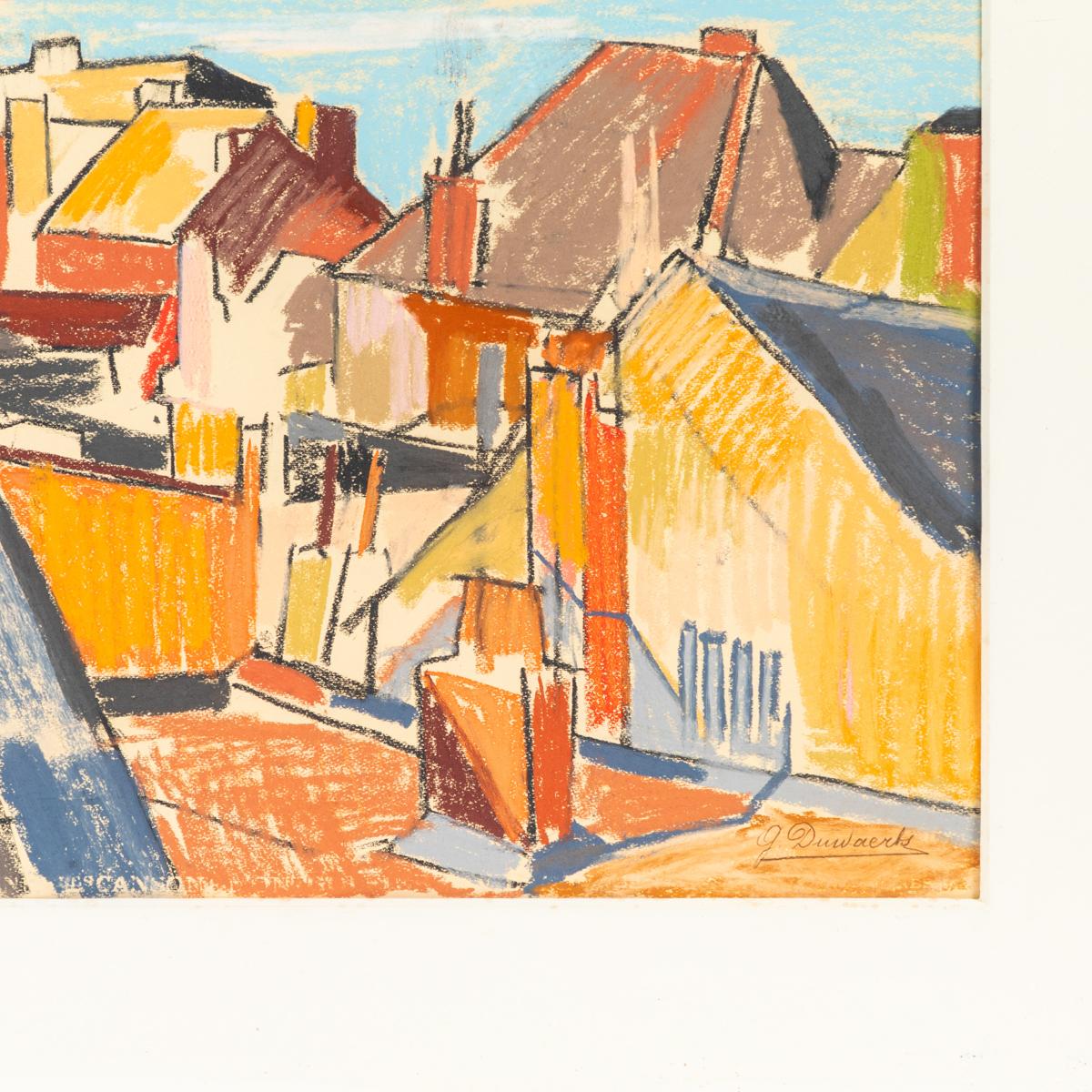 Colorful Abstract Seaside Cityscape Drawing from Belgium, circa 1898 For Sale 1