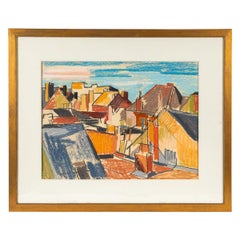 Antique Colorful Abstract Seaside Cityscape Drawing from Belgium, circa 1898