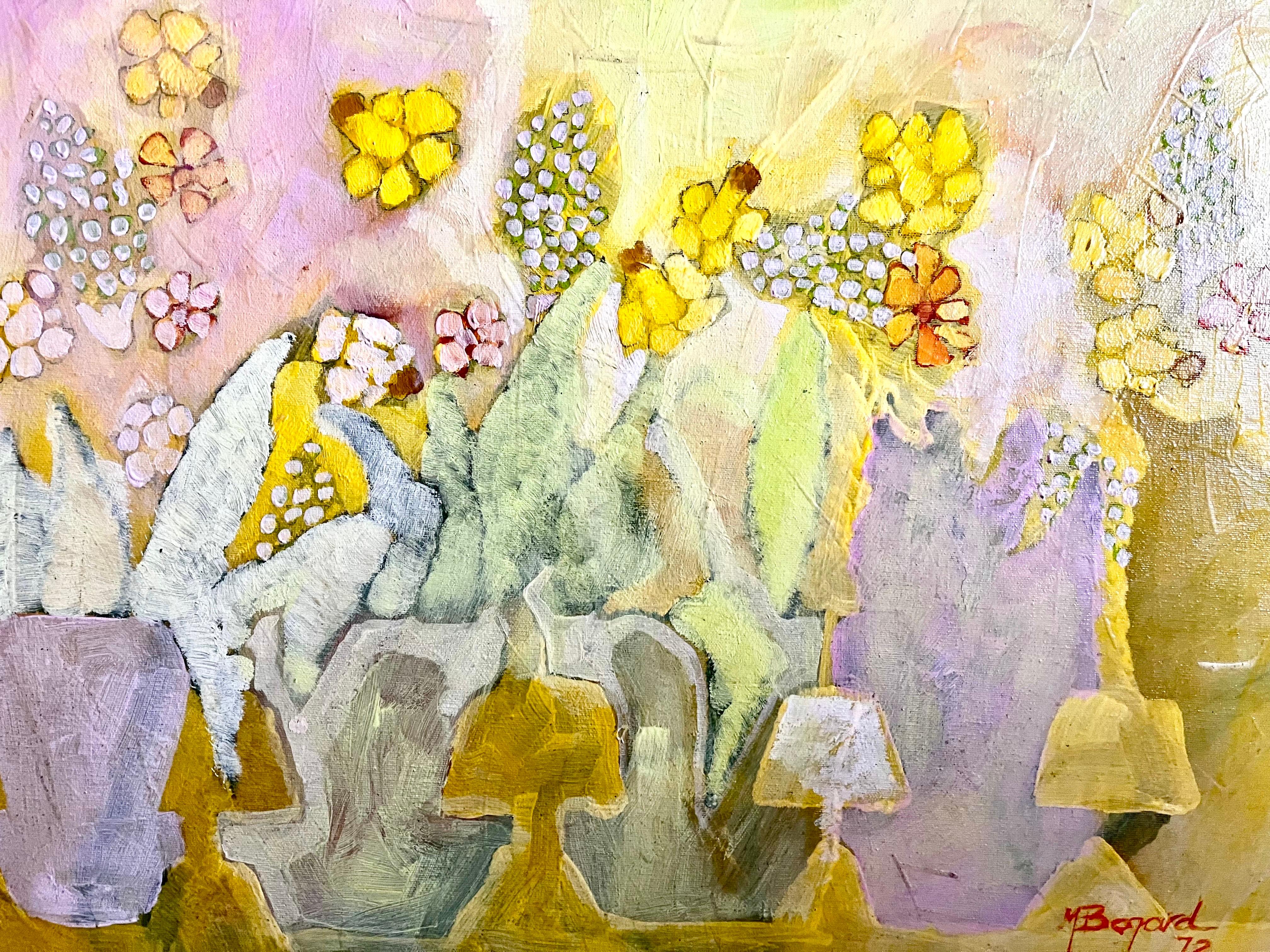 Mid-Century Modern Paint on Canvas Abstract Still Life of Spring Flowers, signed Bogard, 1972 For Sale
