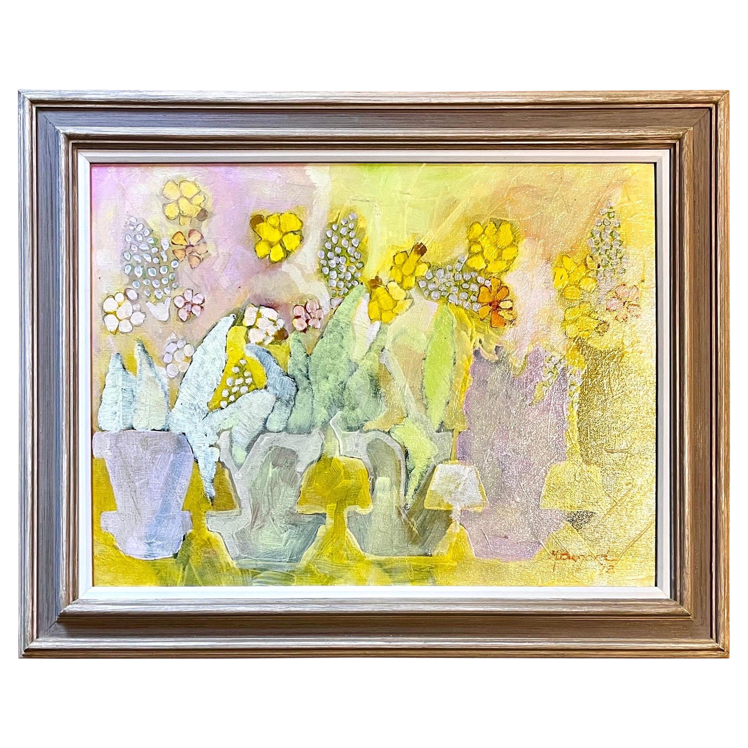 Paint on Canvas Abstract Still Life of Spring Flowers, signed Bogard, 1972 For Sale