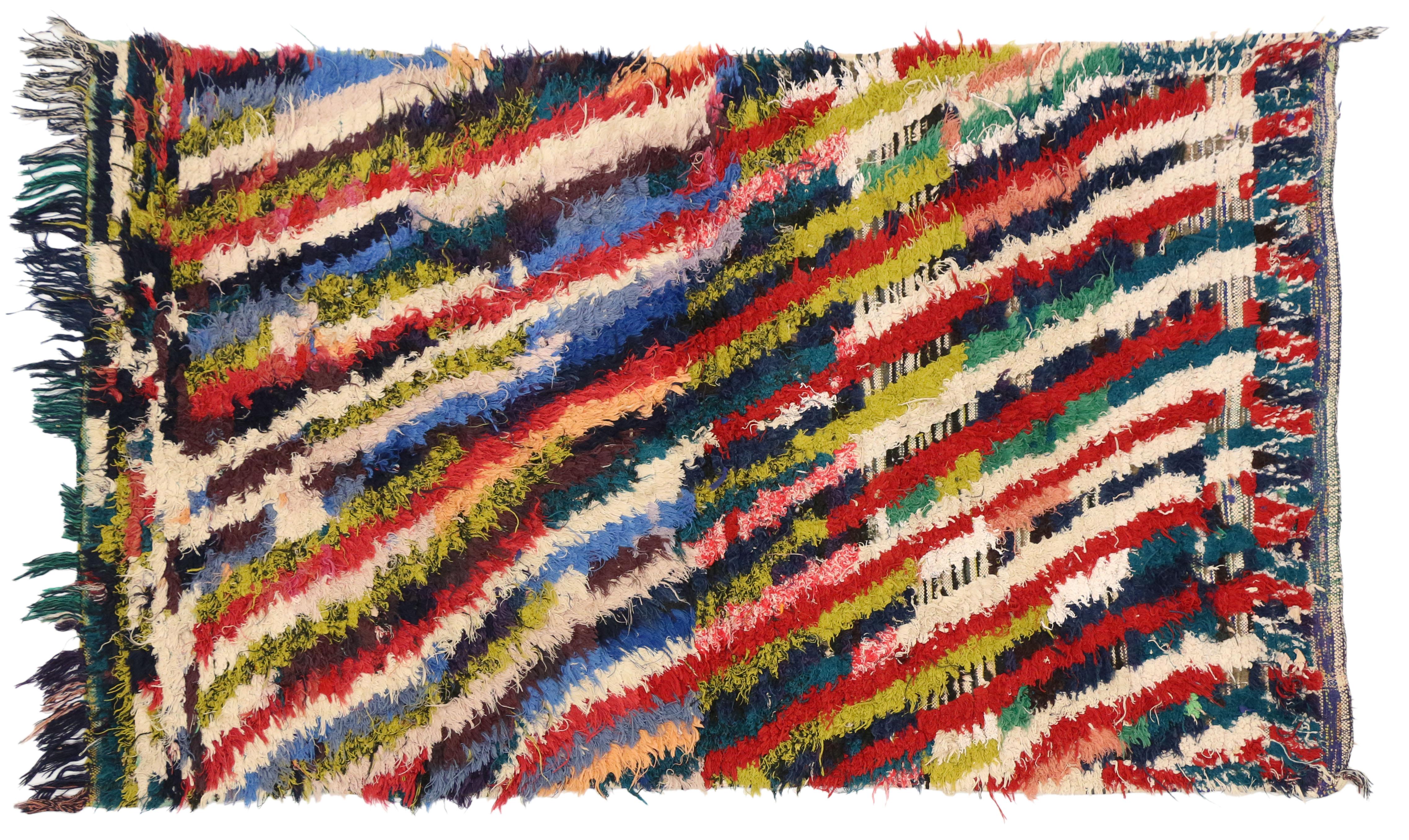 Hand-Knotted Colorful Abstract Vintage Moroccan Boucherouite Rug, Inspired by Bridget Riley For Sale