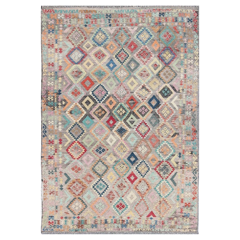 Colorful Diamond Rug Colorful Afghan Modern Kilim Rug with Diamond and Tribal Design For ...