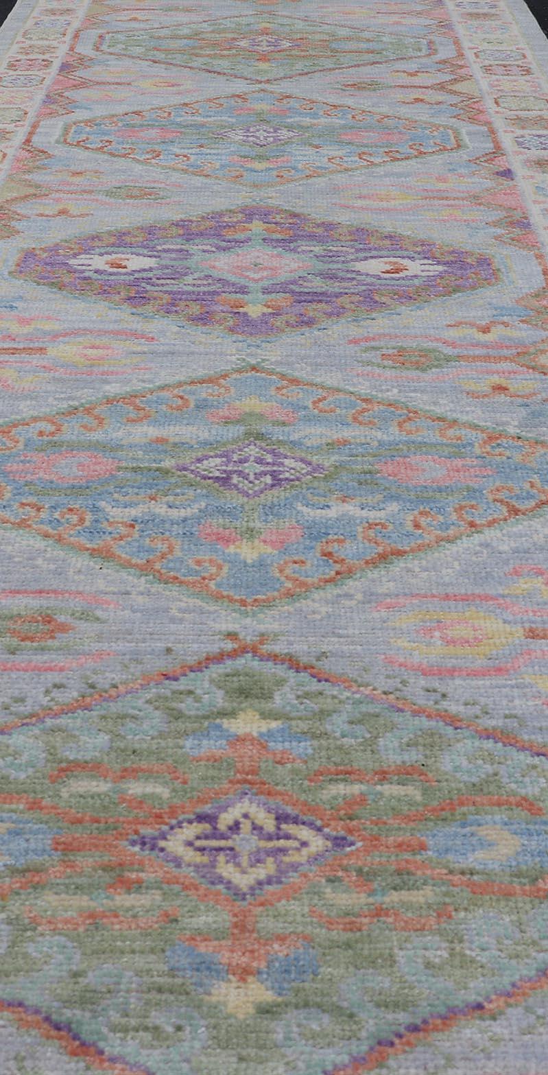 Afghan Colorful Modern Oushak Runner with Diamond Medallions and Multi-Tier Border For Sale
