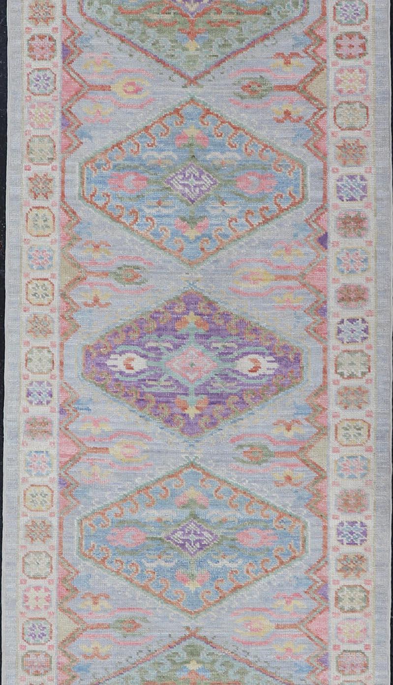 Hand-Knotted Colorful Modern Oushak Runner with Diamond Medallions and Multi-Tier Border For Sale