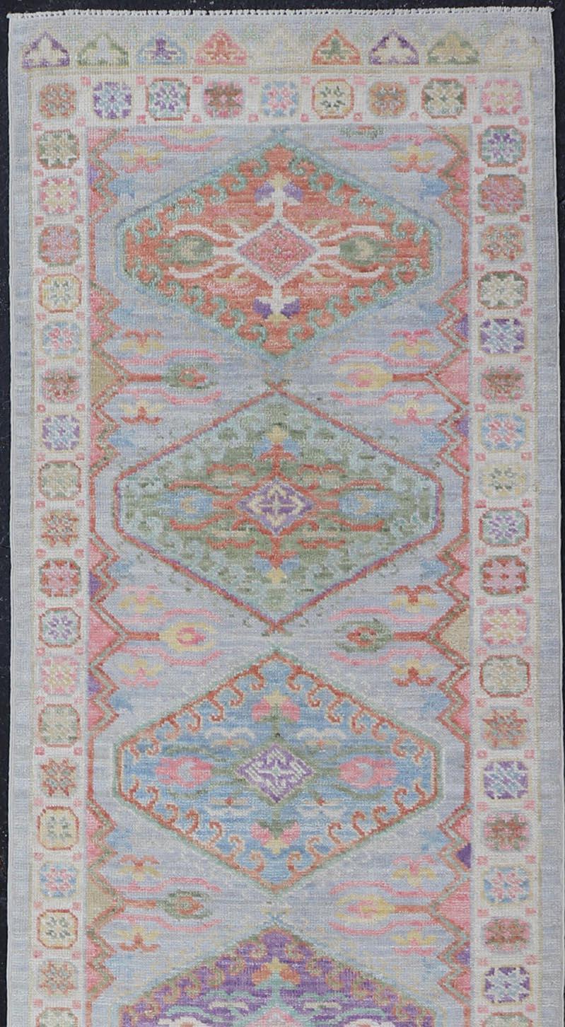 Colorful Modern Oushak Runner with Diamond Medallions and Multi-Tier Border In New Condition For Sale In Atlanta, GA