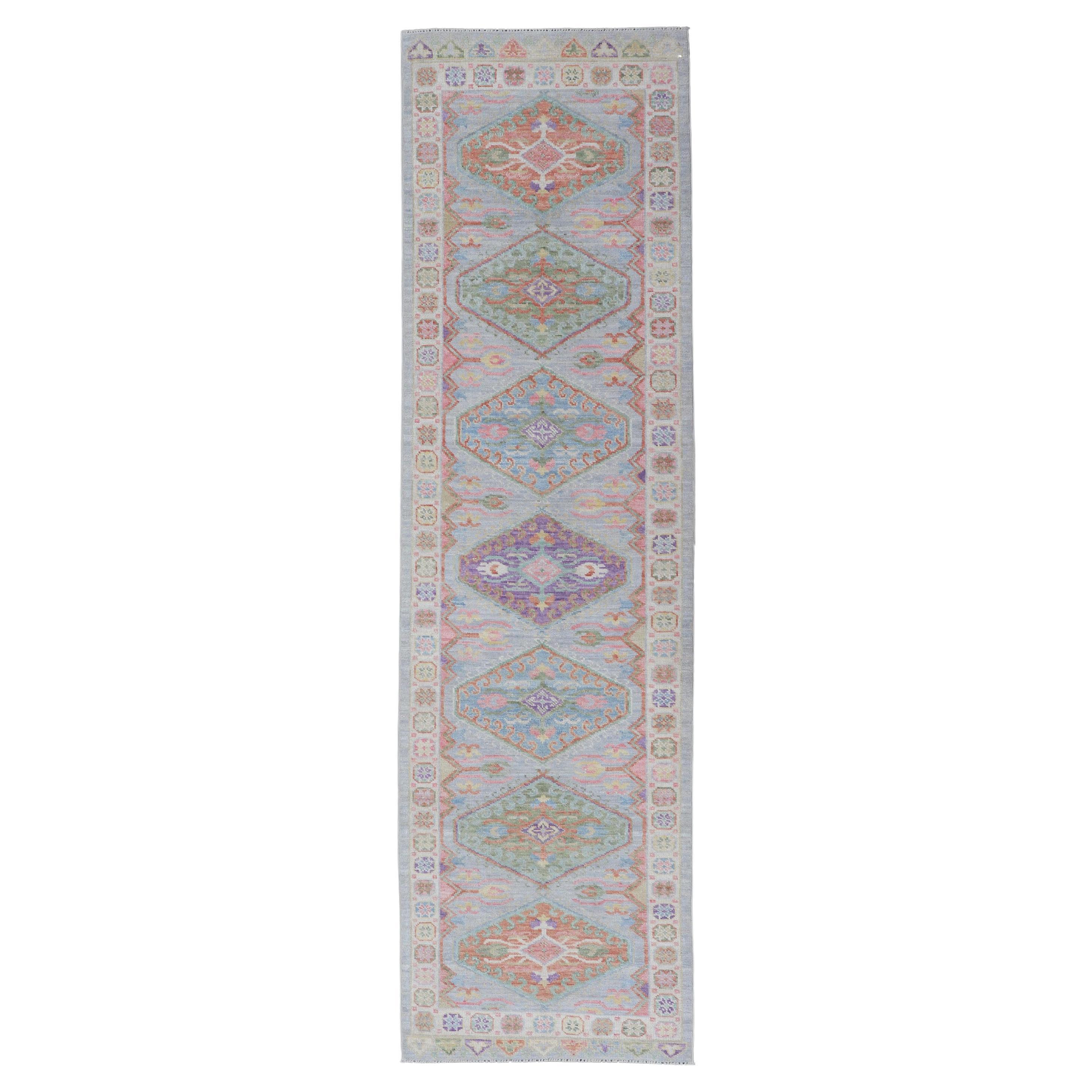 Colorful Modern Oushak Runner with Diamond Medallions and Multi-Tier Border