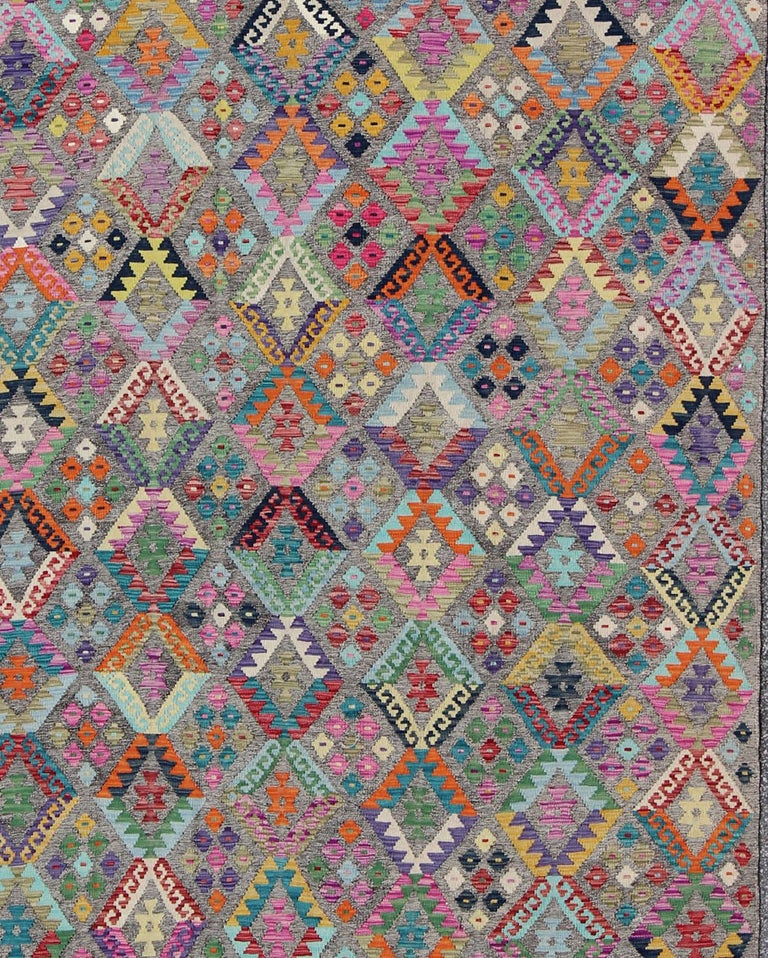 Colorful Hand Woven AllOver Tribal Design Modern Kilim in Diamond
