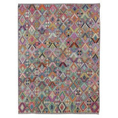 Colorful Hand Woven All-Over Tribal Design Modern Kilim in Diamond Design 