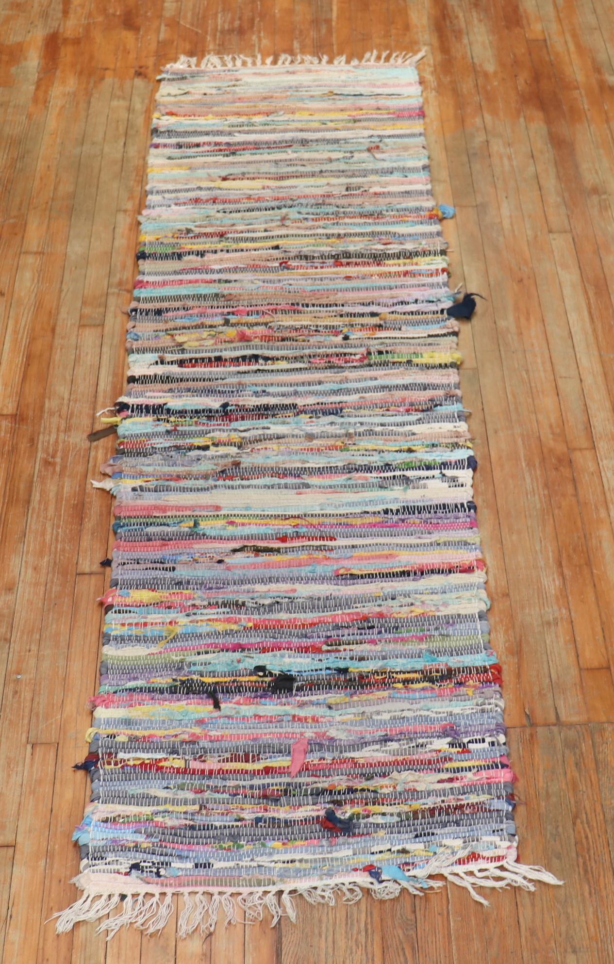 One of a kind colorful American Braid runner from the late 20th century

Measures: 2'6'' x 9'1''

American Braided rugs provided a way for people to make use of fabrics from other worn goods (clothing, storage sacks, bedding, etc) in creative