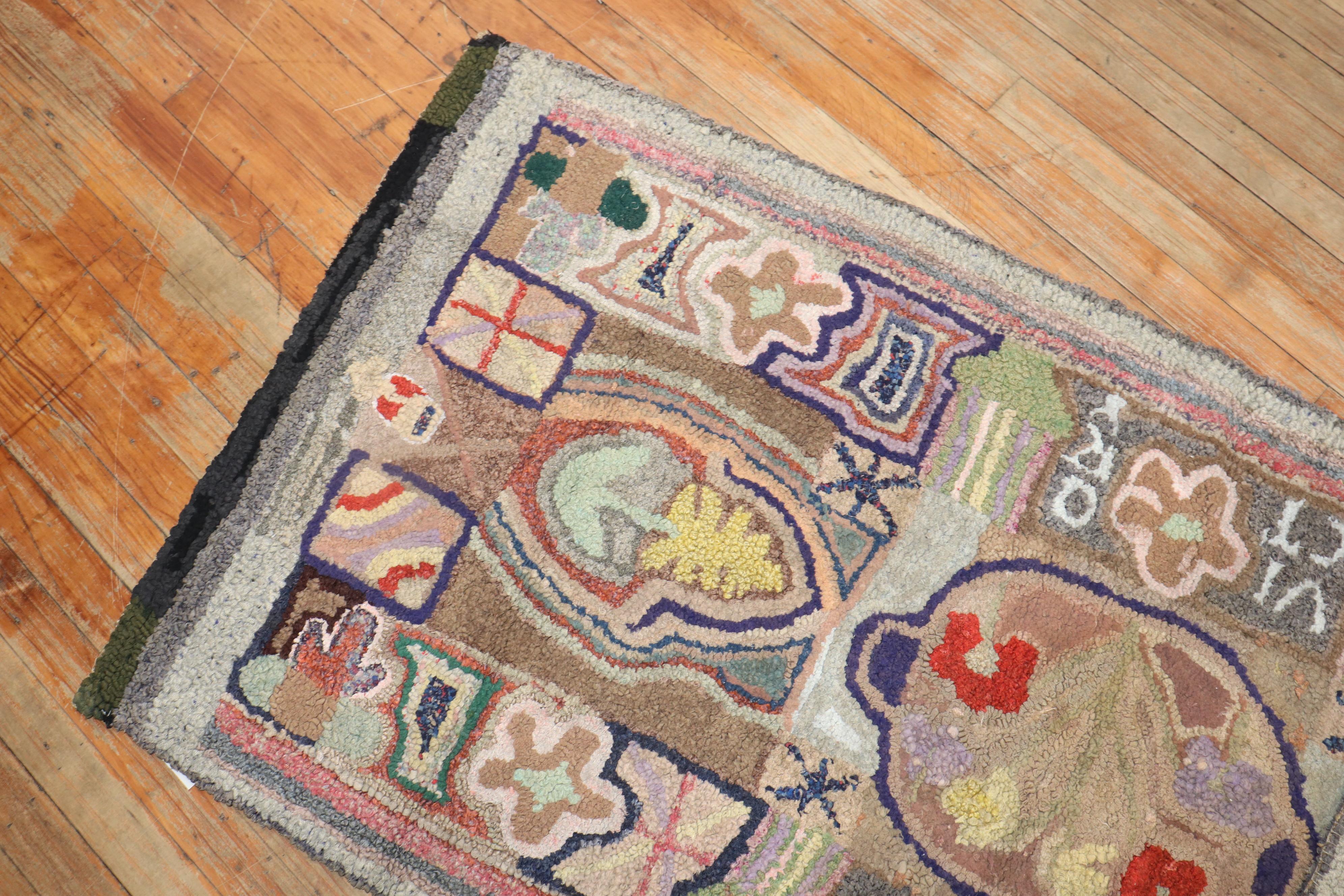 Wool Colorful American Hooked Rug For Sale