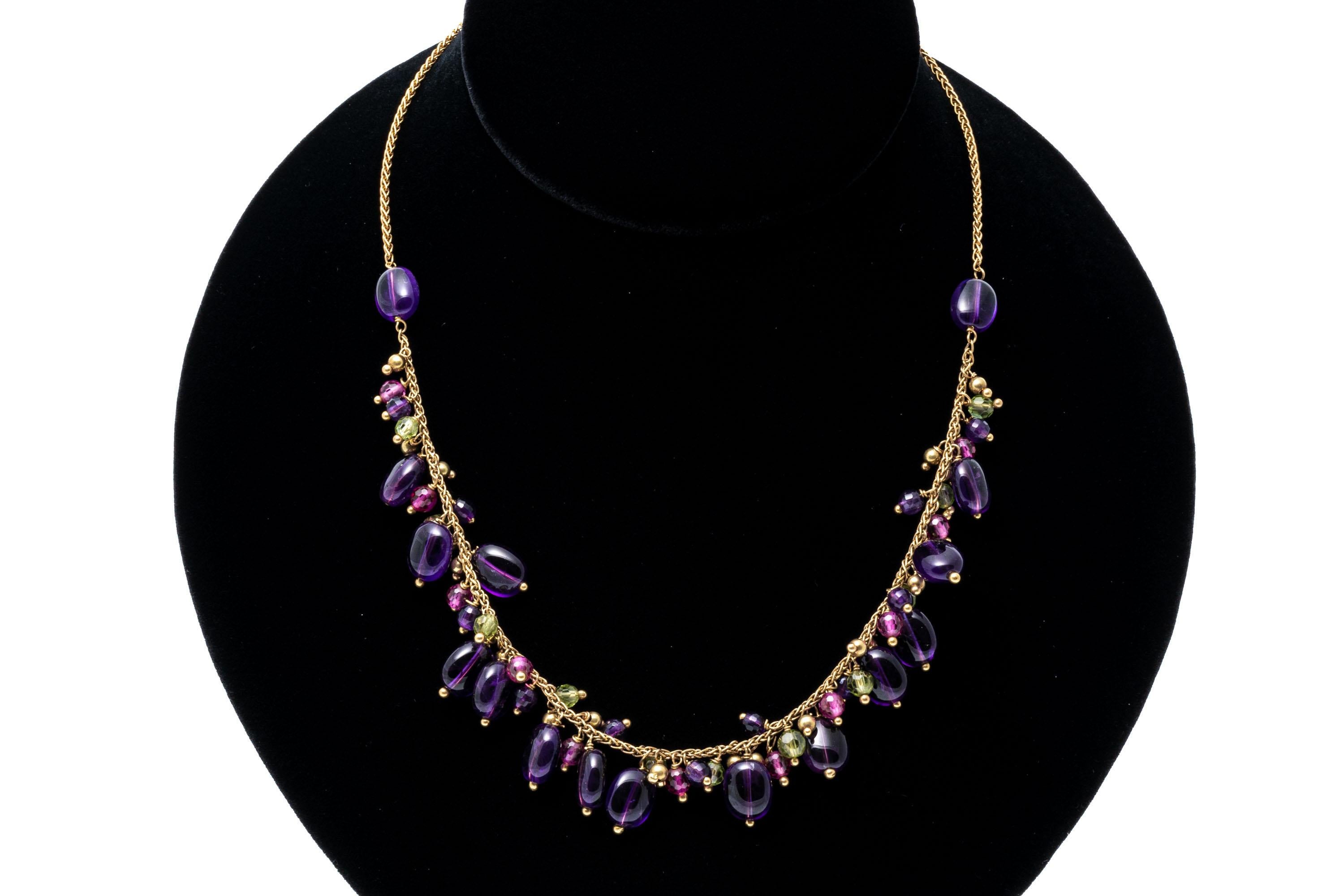 Modern Colorful Amethyst, Ruby And Peridot Cluster Beaded Chain Necklace For Sale