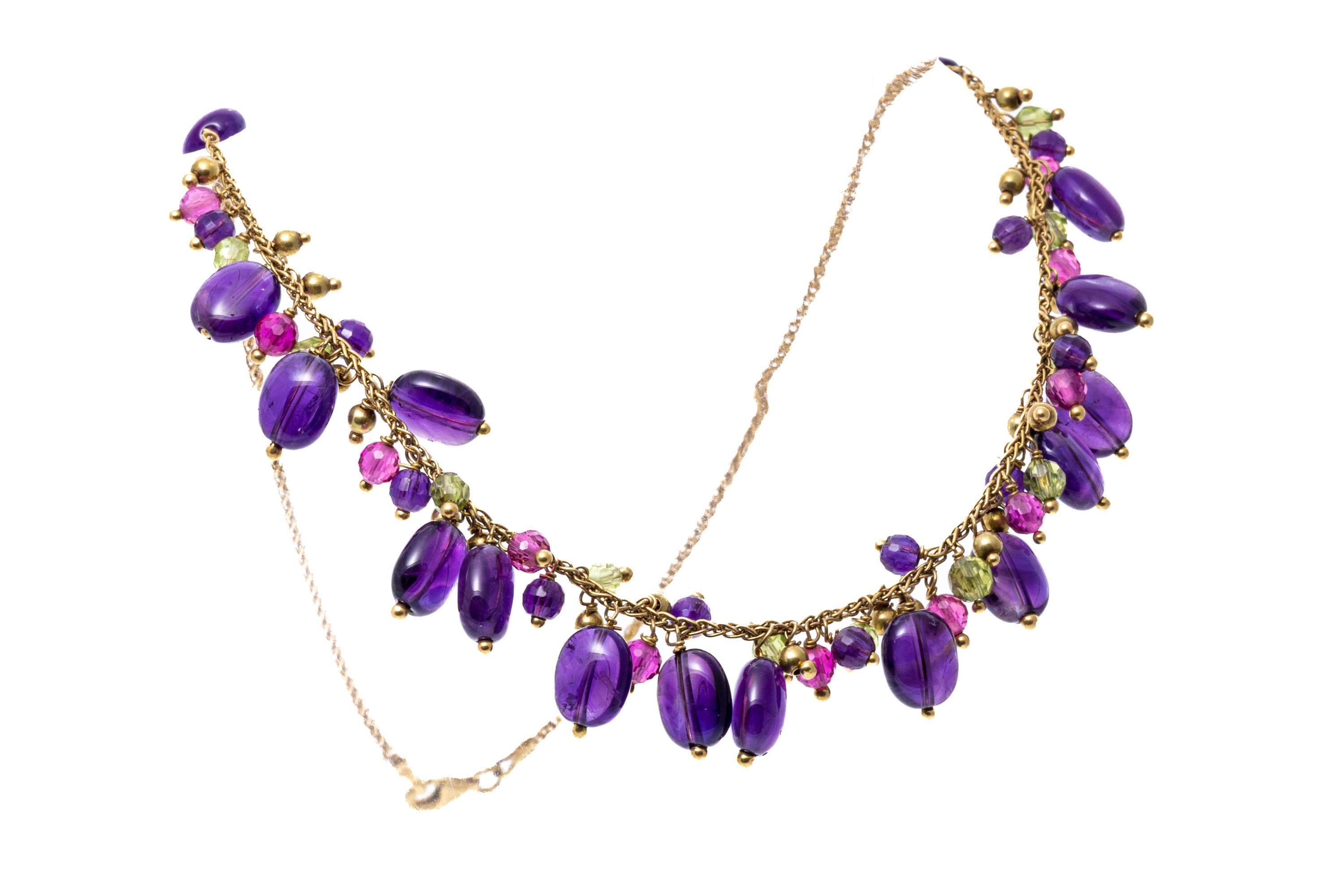 Mixed Cut Colorful Amethyst, Ruby And Peridot Cluster Beaded Chain Necklace For Sale
