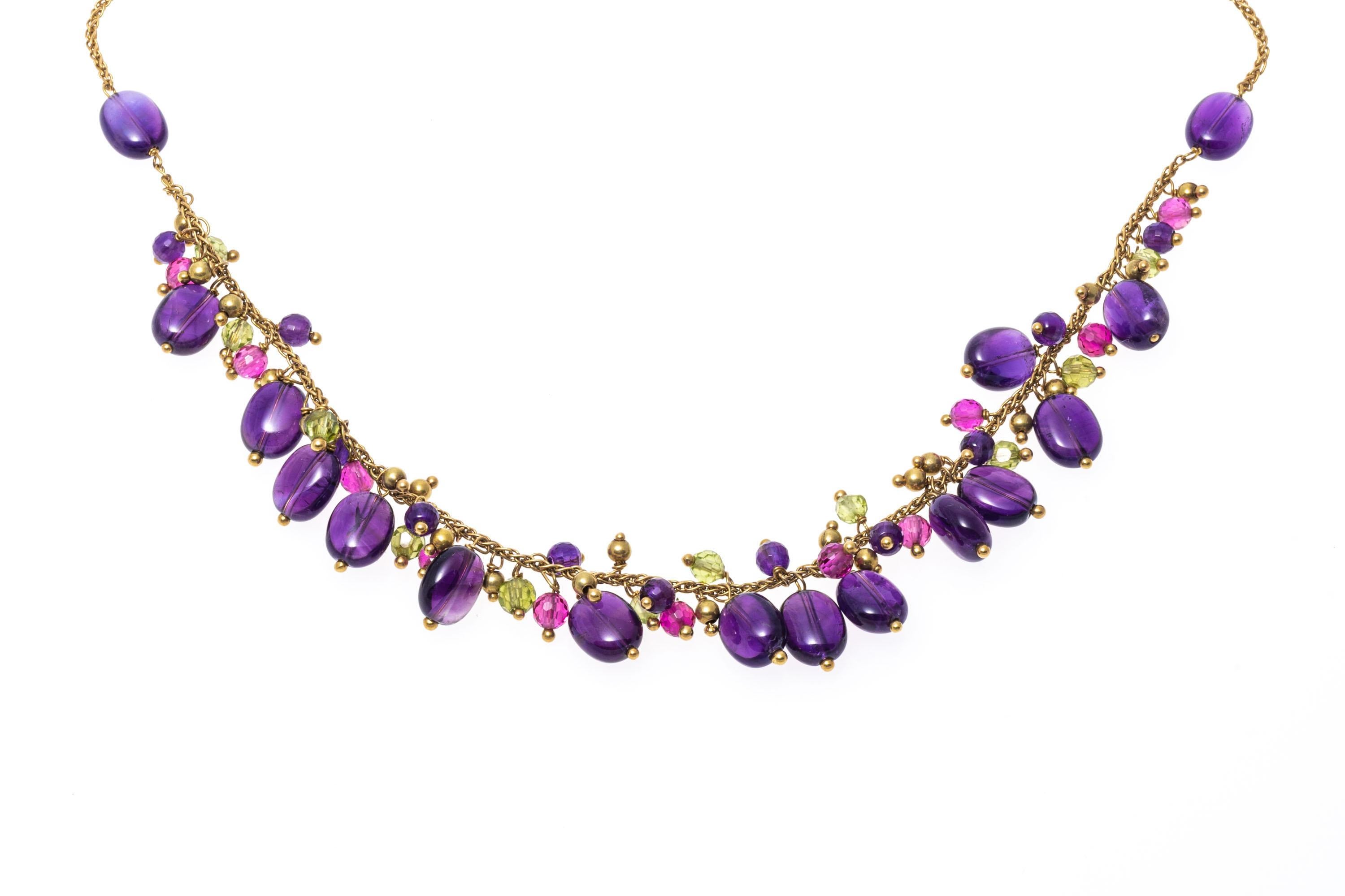 Women's Colorful Amethyst, Ruby And Peridot Cluster Beaded Chain Necklace For Sale
