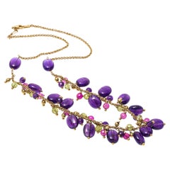 Retro Colorful Amethyst, Ruby And Peridot Cluster Beaded Chain Necklace