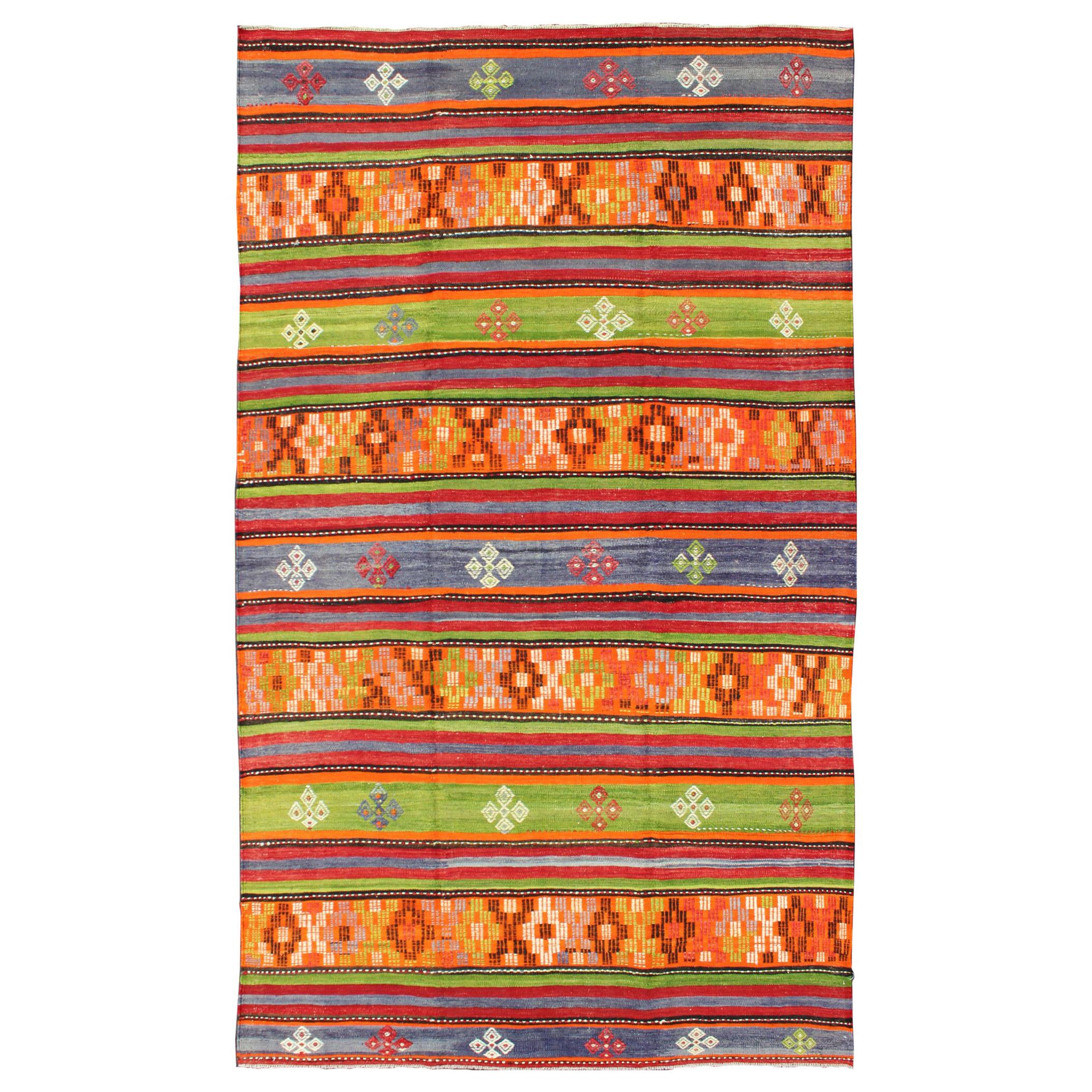  Colorful and Bright Turkish Kilim Rug with Stripe Geometric Design
