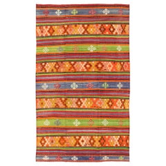  Colorful and Bright Turkish Kilim Rug with Stripe Geometric Design