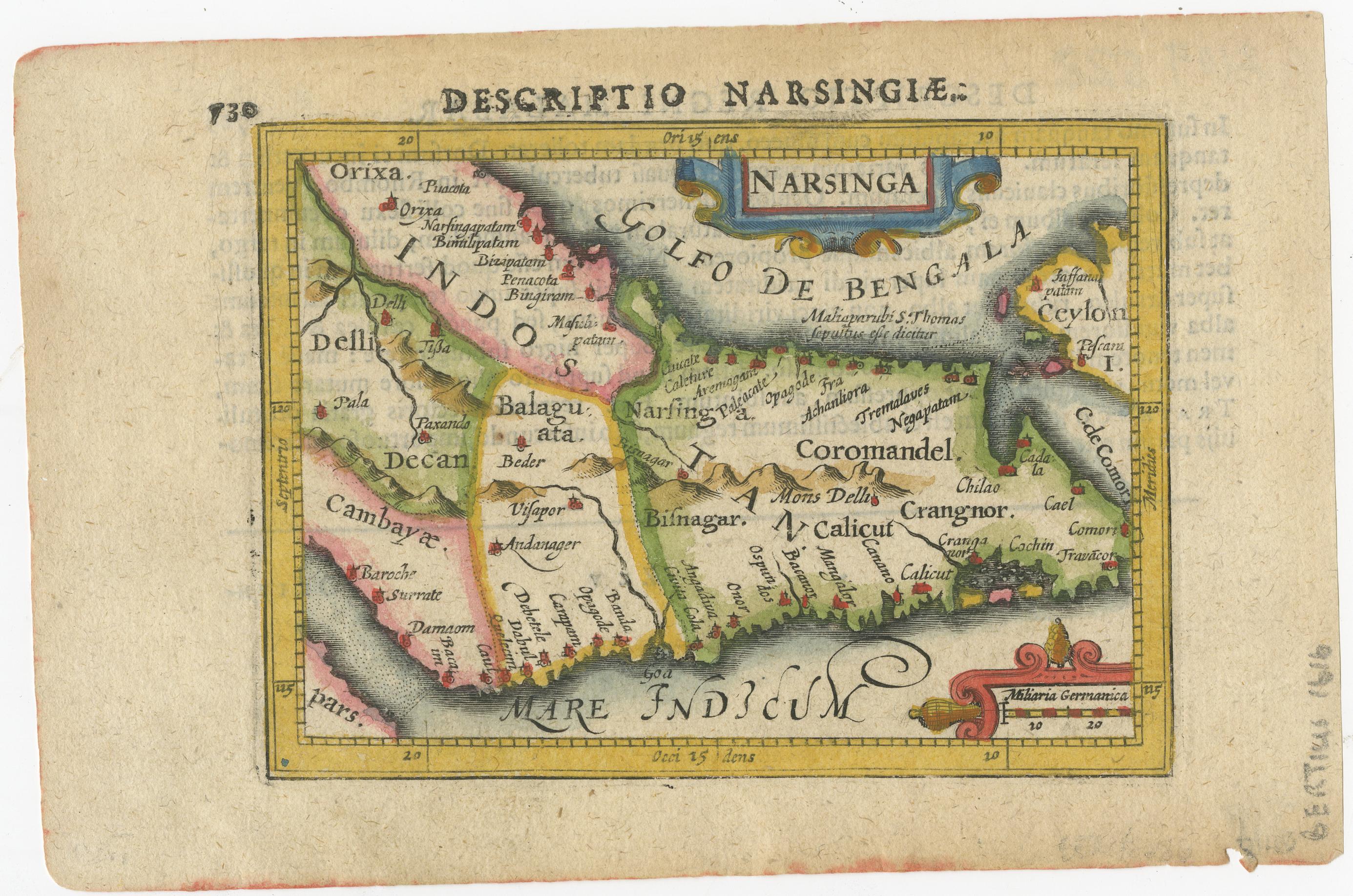 Old 17th century miniature antique map of India - Ceylon from the 1616 edition of Jadocus Hondius Atlas by Petrus Bertius. Original copperplate engraving with hand coloring.

Cartographer: Petrus Bertius ( 1565 - 1629) 
Bertius was also connected