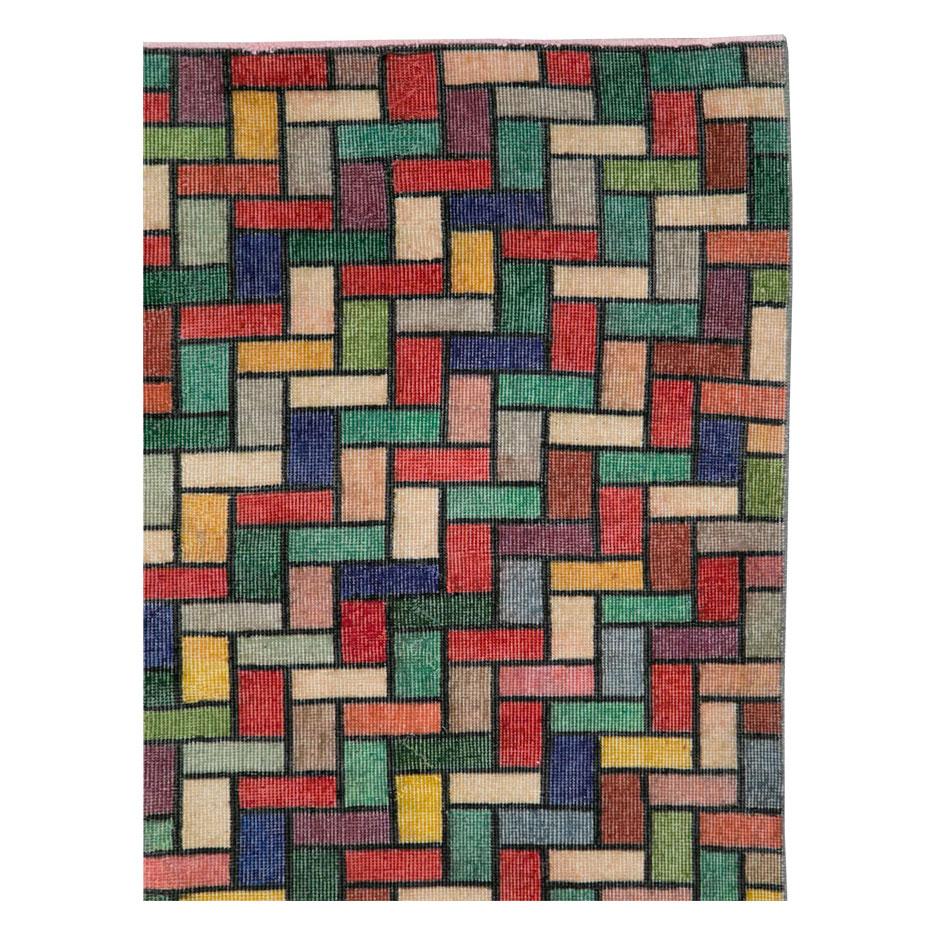 Hand-Knotted Colorful and Modern Mid-20th Century Handmade Turkish Anatolian Accent Rug For Sale